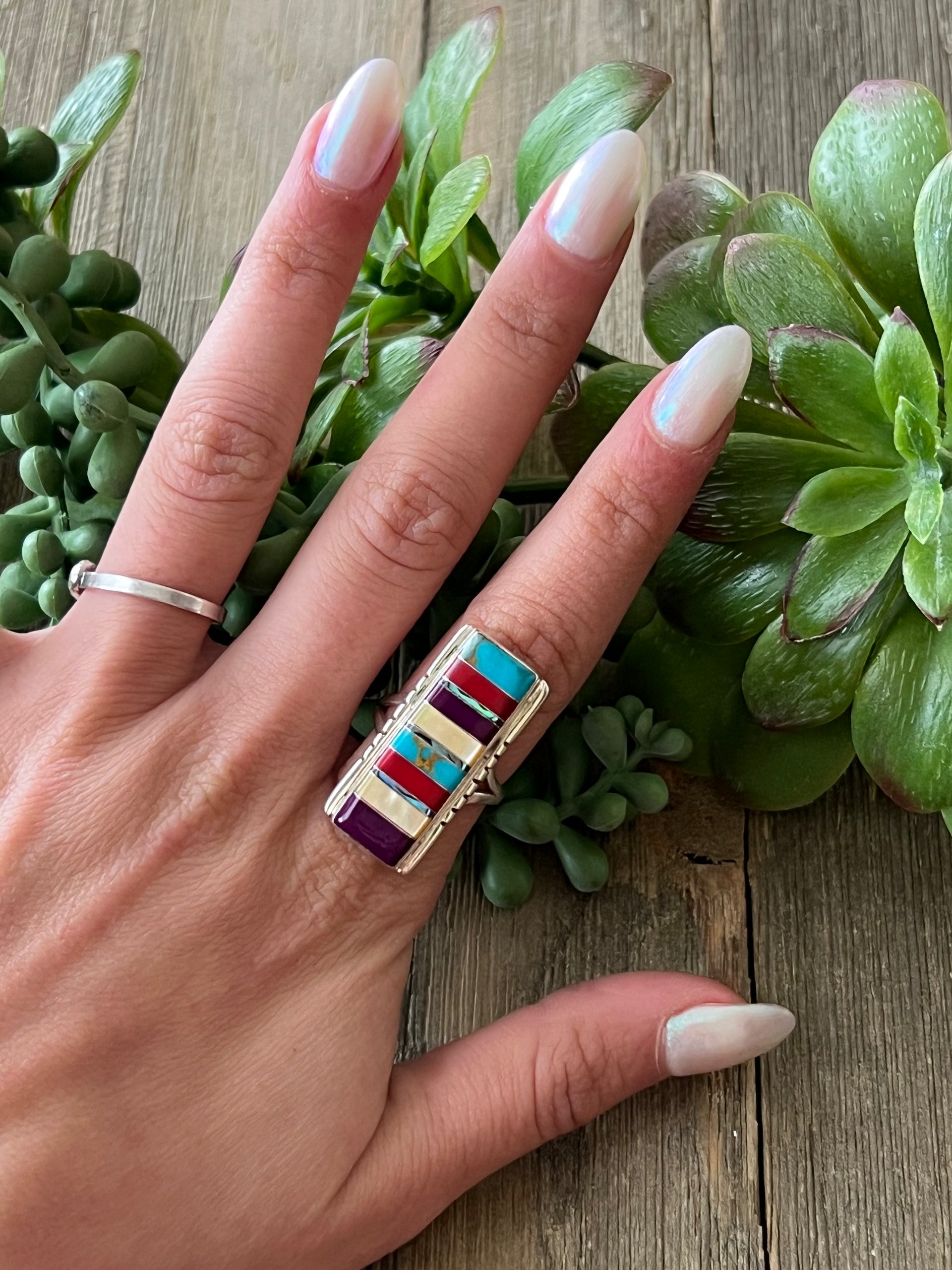 Southwest Made Multi Stone & Sterling Silver Inlay Ring Size 7