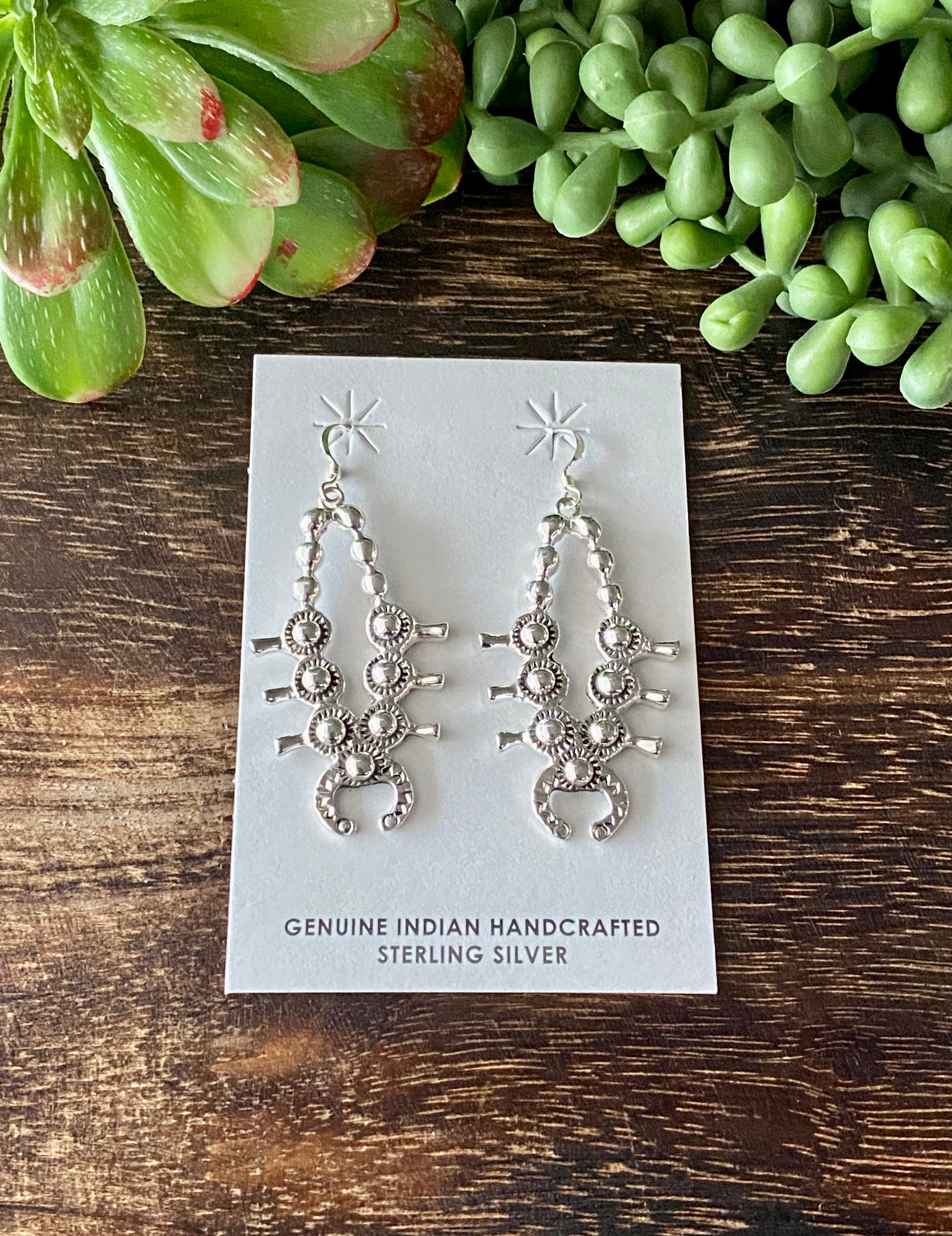 Navajo Made Sterling Silver Squash Blossom Dangle Earrings