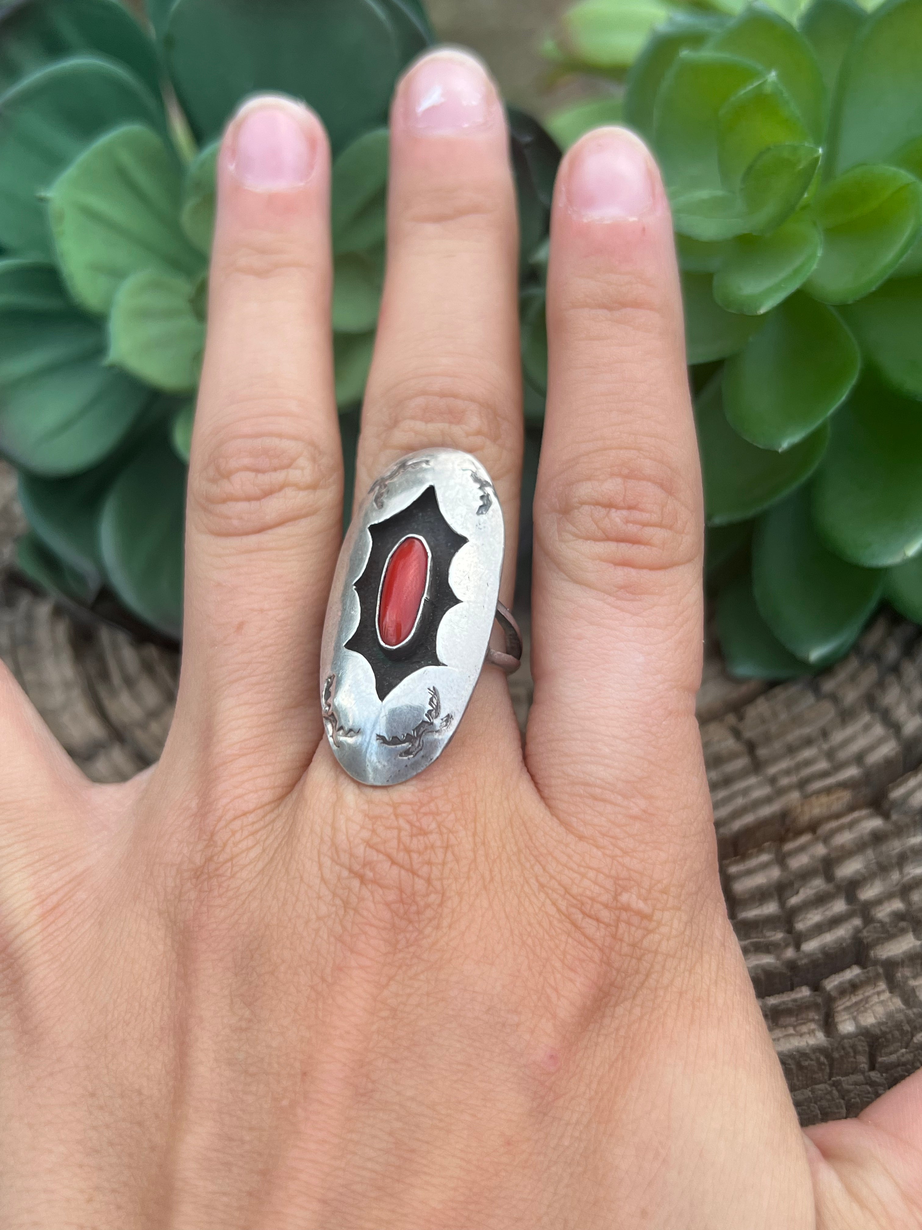 Vintage Navajo Coral & Sterling Silver Rings Size 6