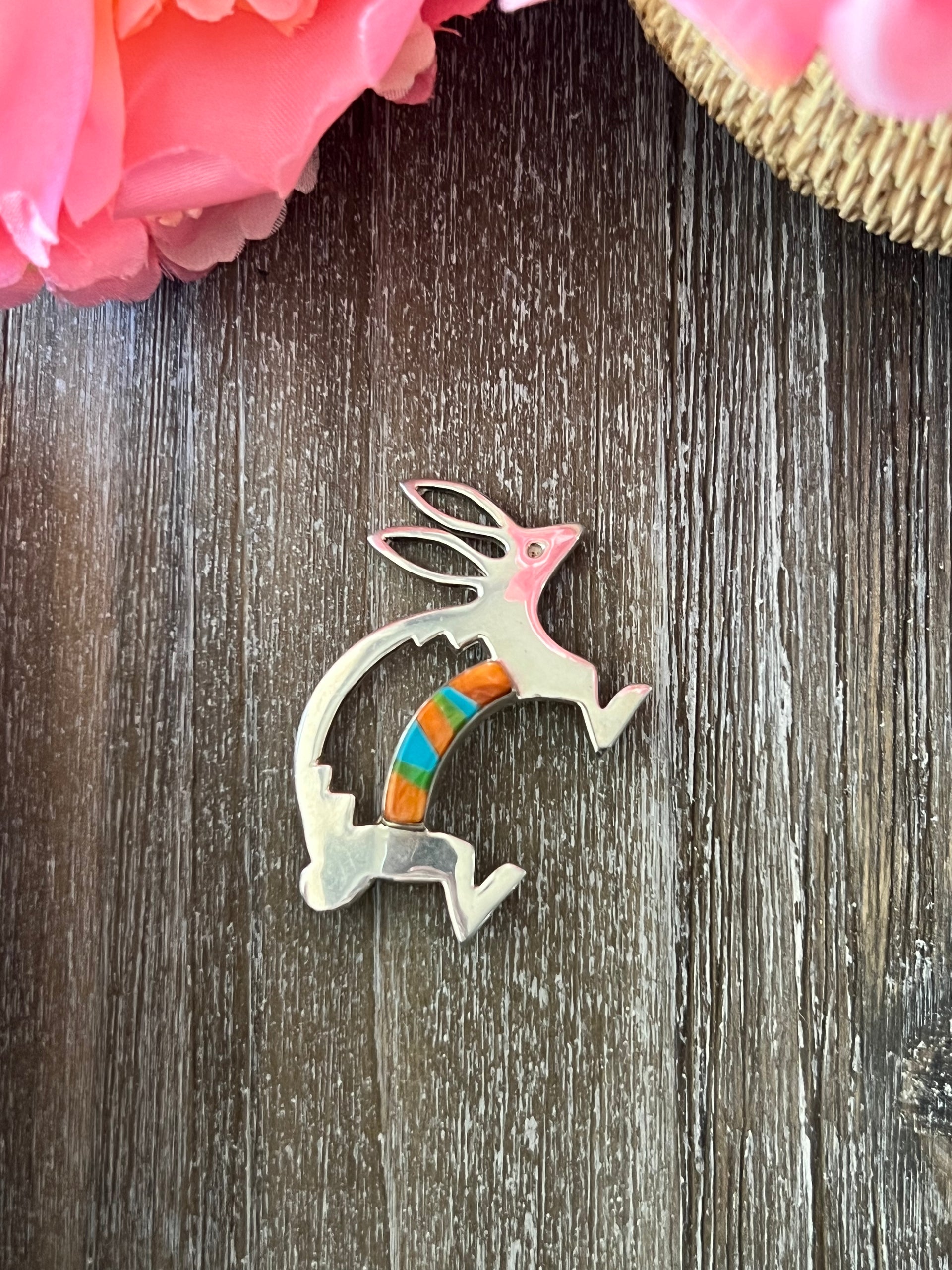 Navajo Multi Stone & Sterling Silver Inlay Rabbit Pin