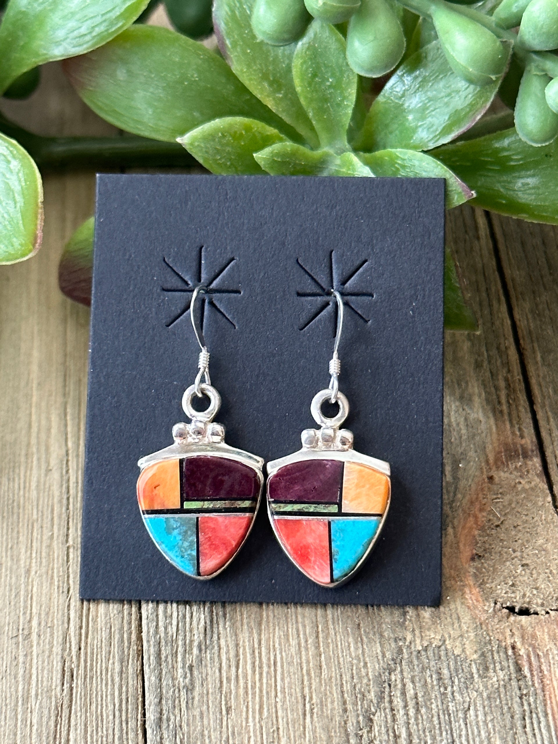 Navajo Made Multi Stone & Sterling Silver Inlay Dangle Earrings