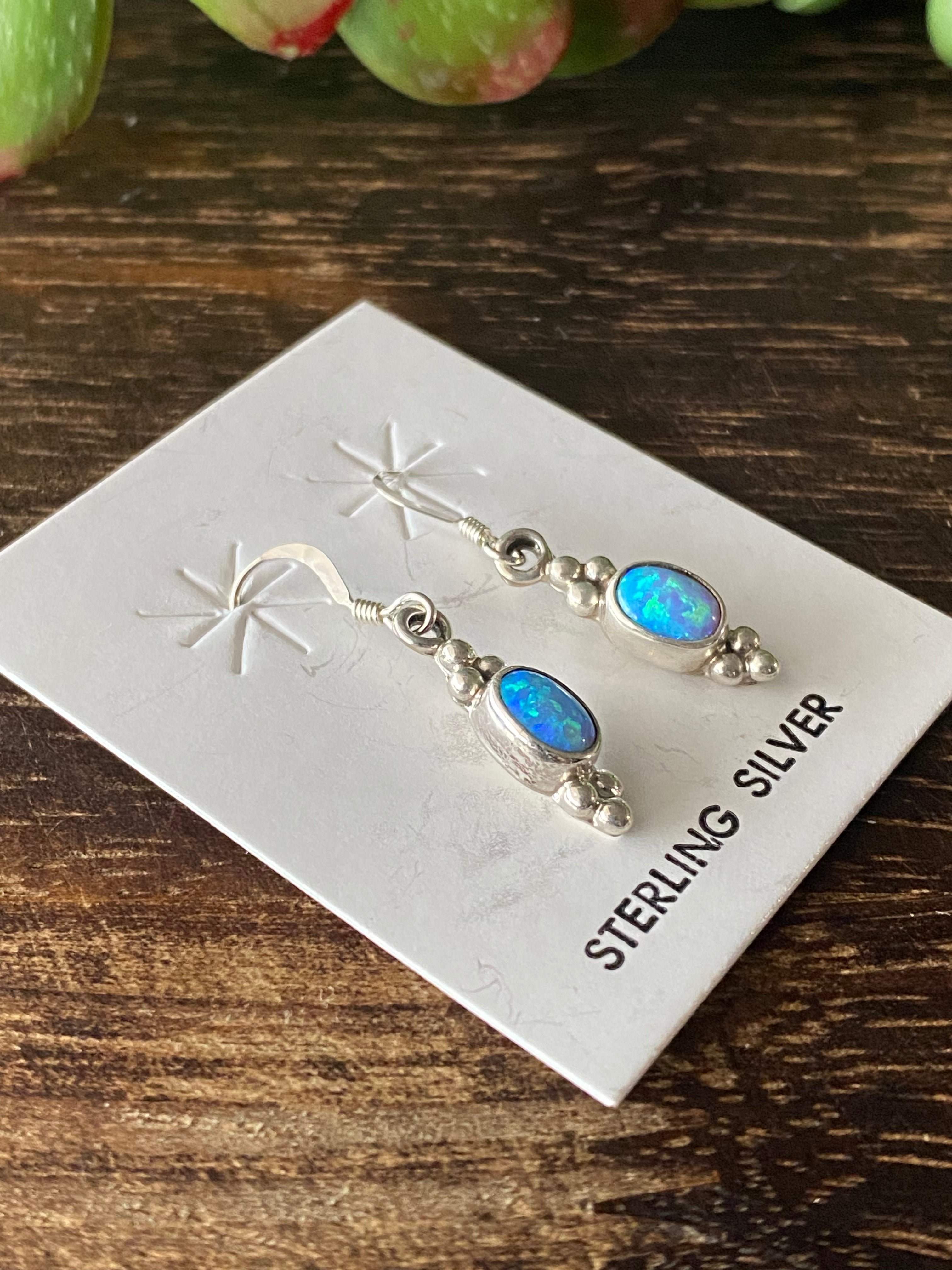 Navajo Made Blue Opal & Sterling Silver Dangle Earrings