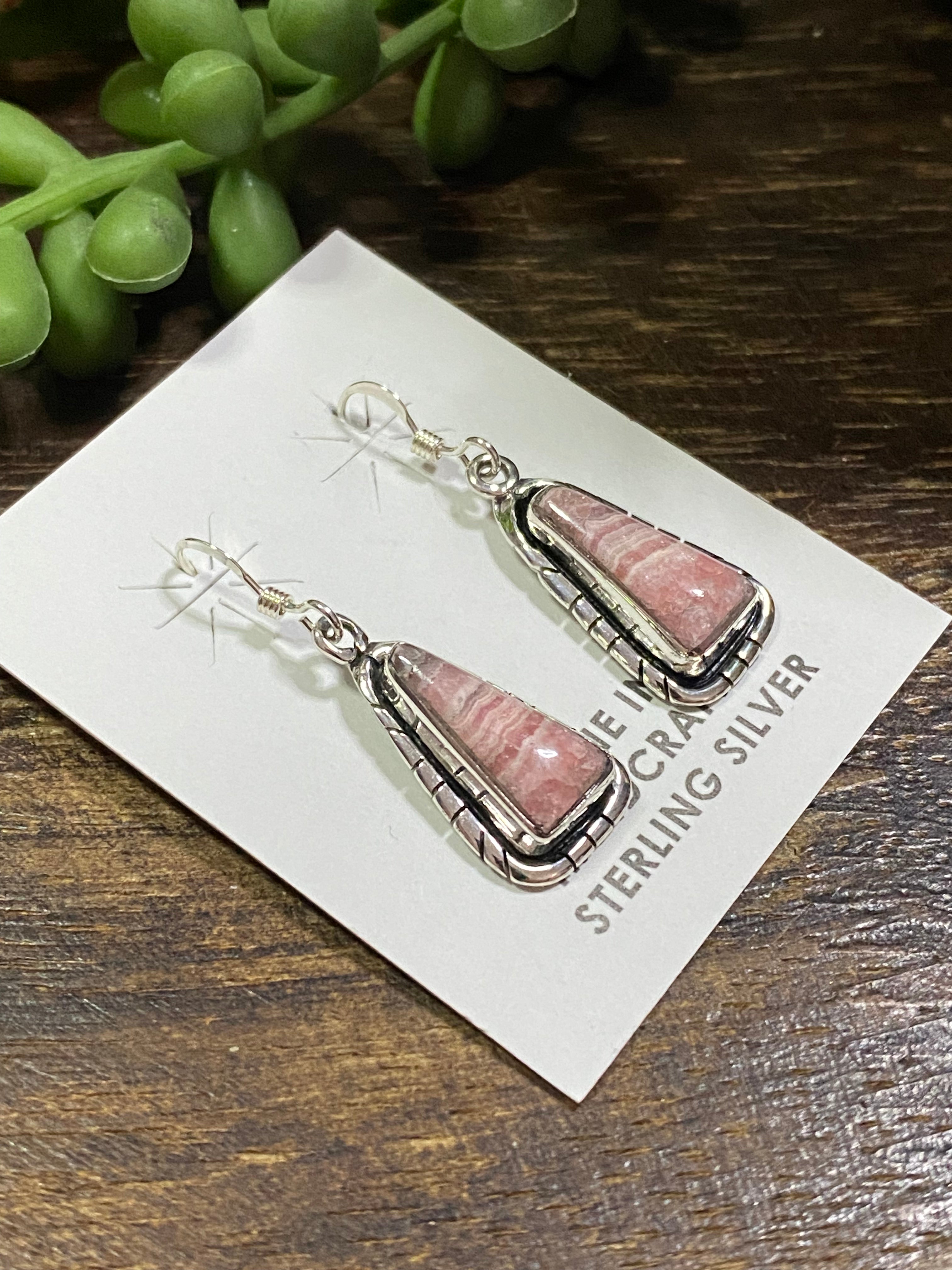 Navajo Made Rhodochrosite & Sterling Silver Dangle Earrings