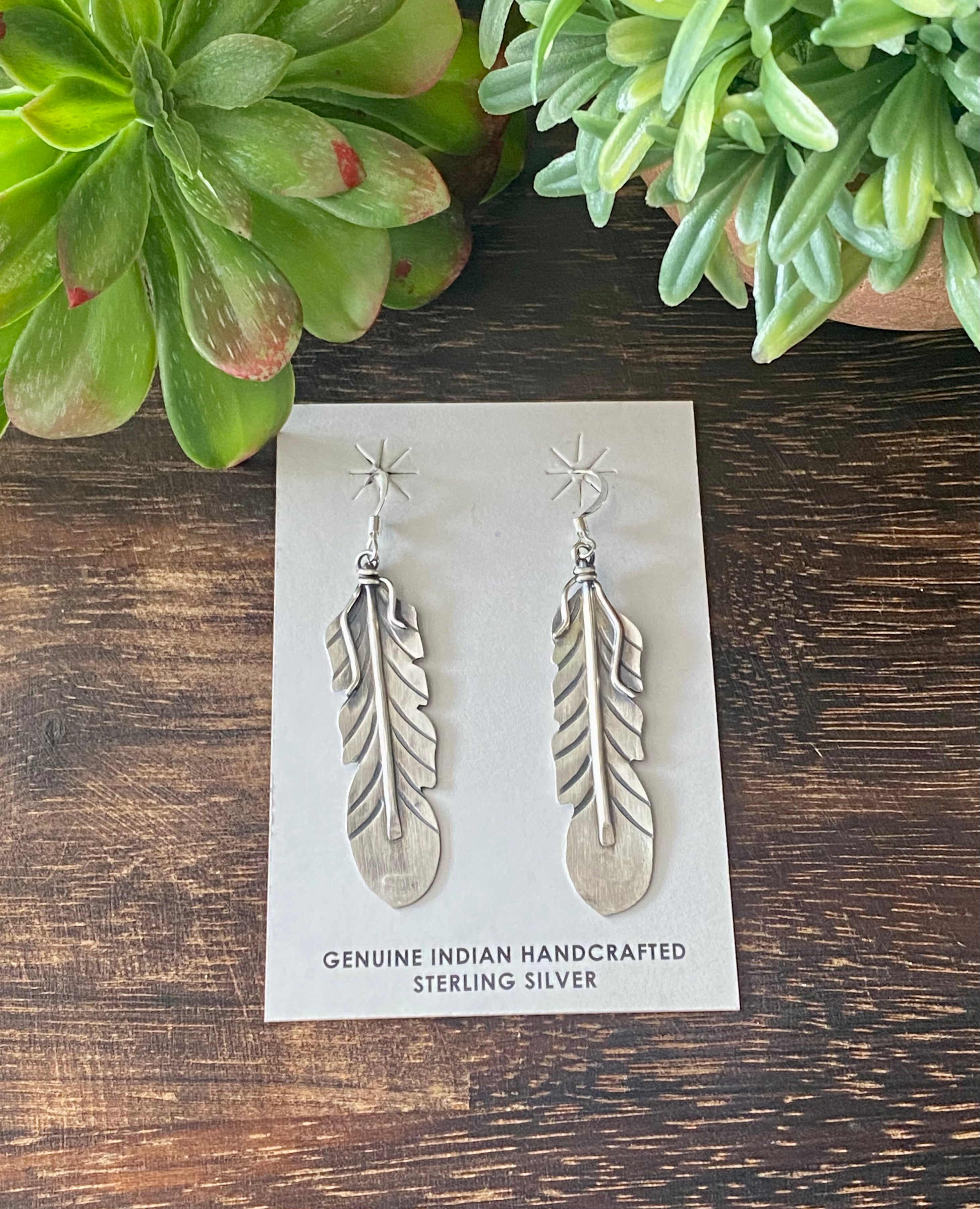 Navajo Made Sterling Silver Feather Dangle Earrings