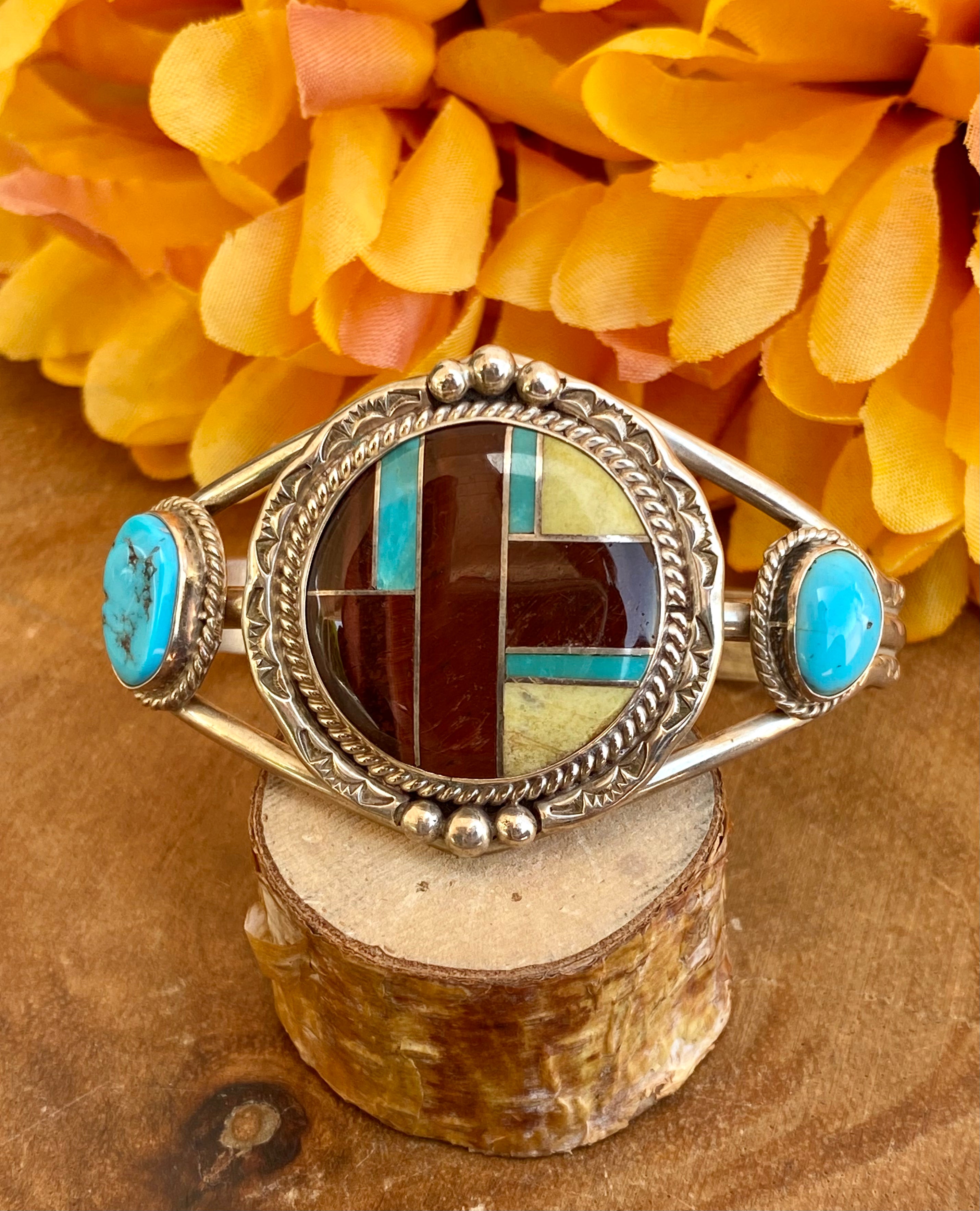Navajo Made Multi Stone & Sterling Silver Inlay Cuff Bracelet