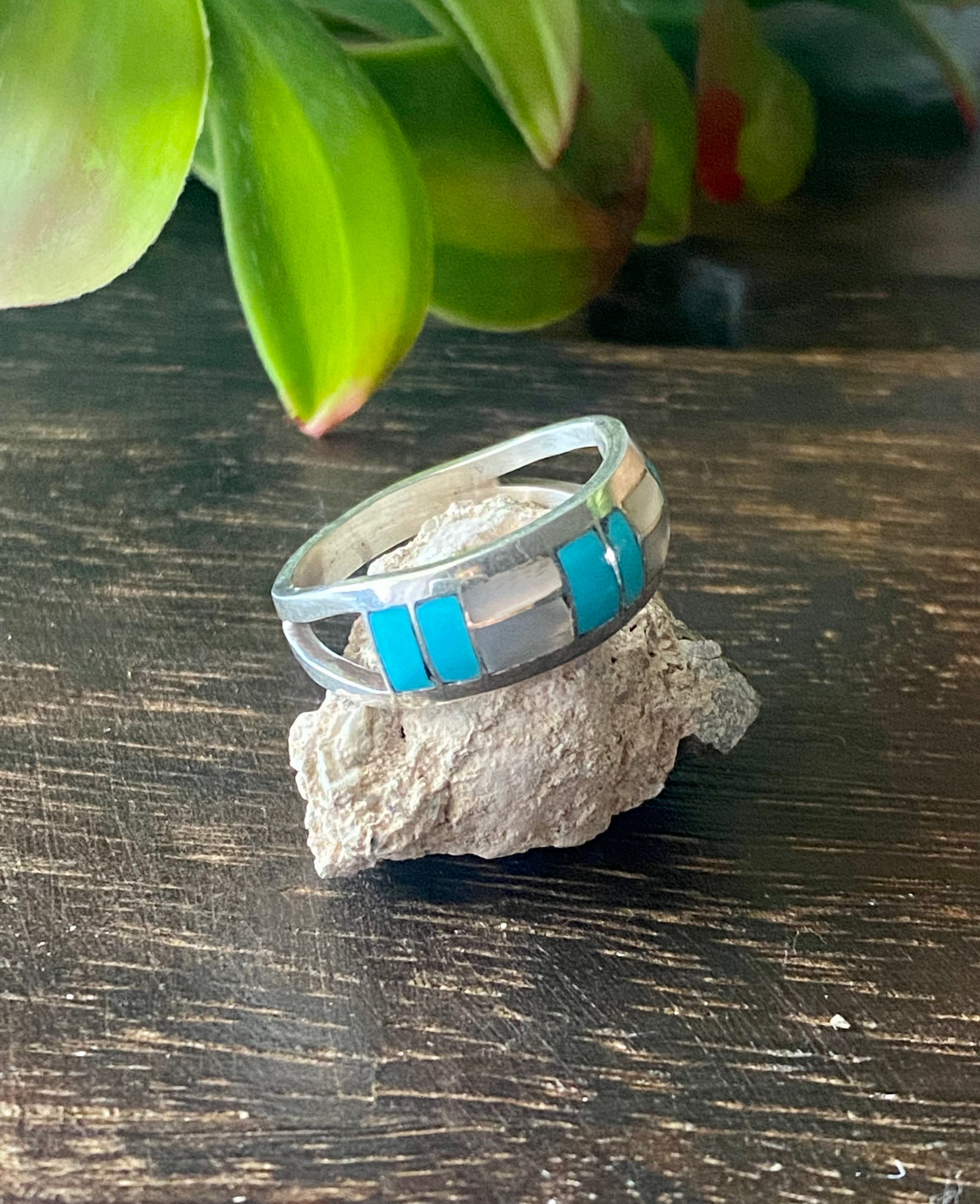 Navajo Made Multi Stone & Sterling Silver Inlay Band Ring Size 9