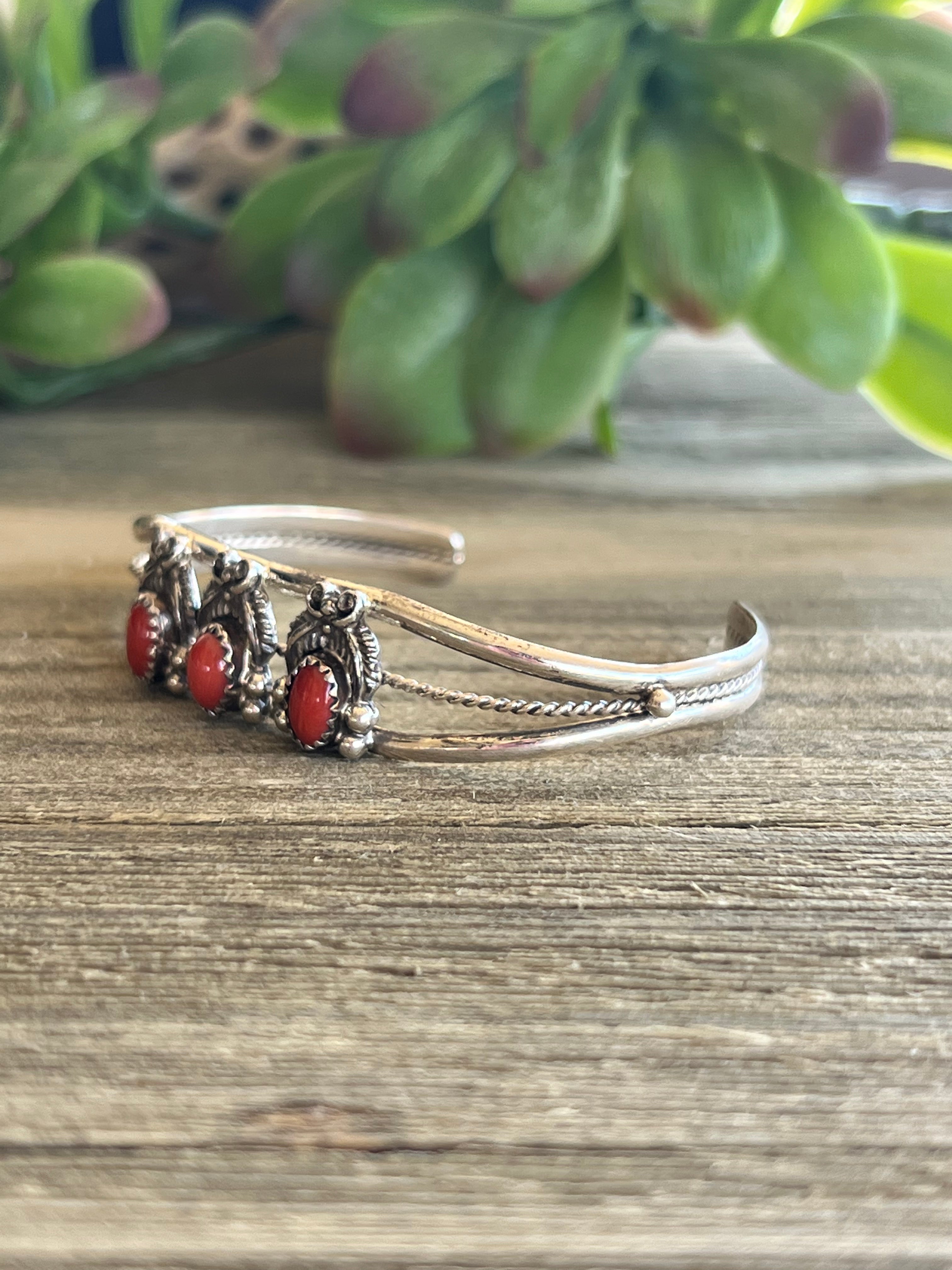 Jeff Shorty Red Coral & Sterling Silver Bracelet Cuff