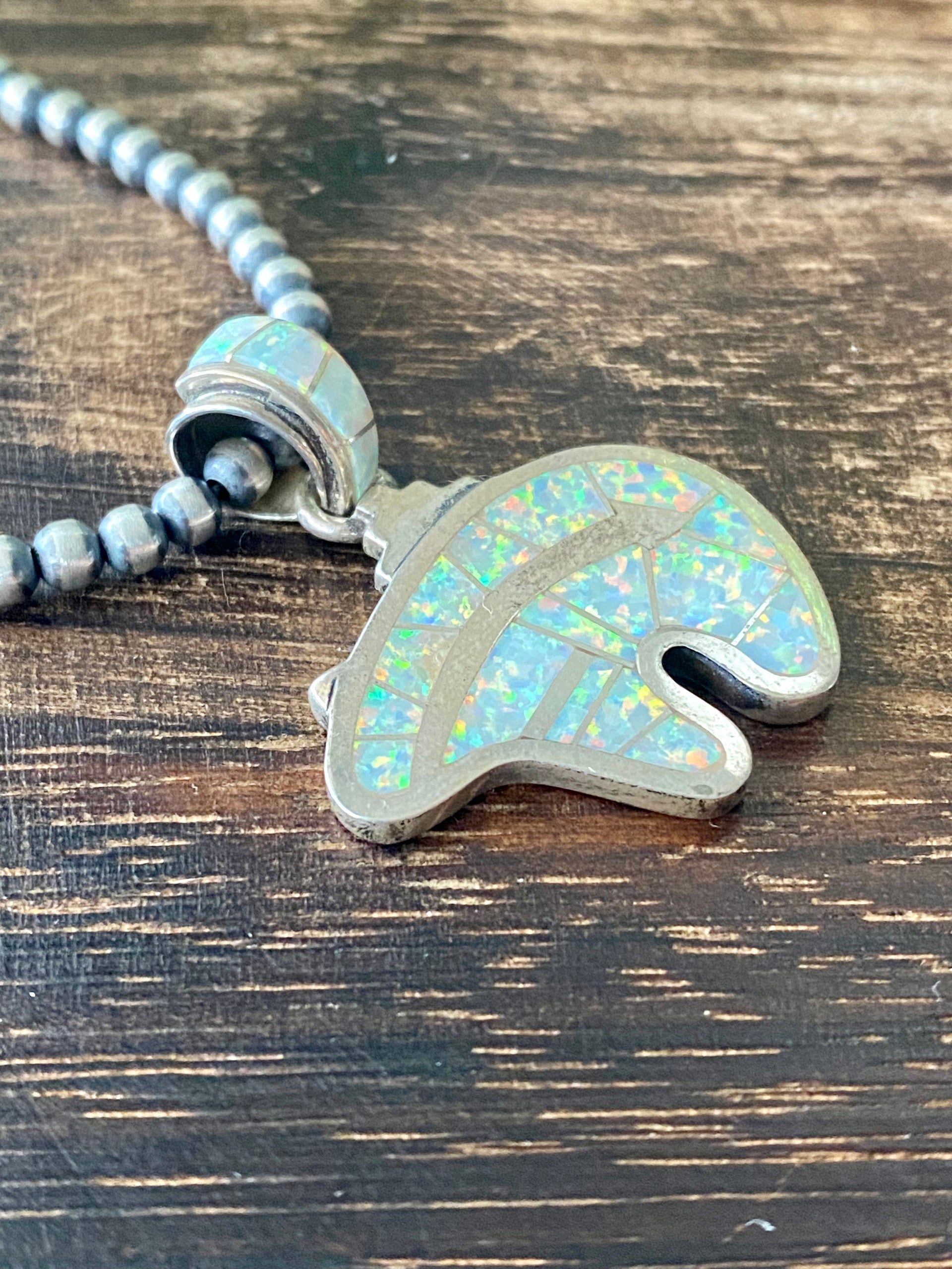 Navajo Made White Opal & Sterling Silver Inlay Bear Pendant