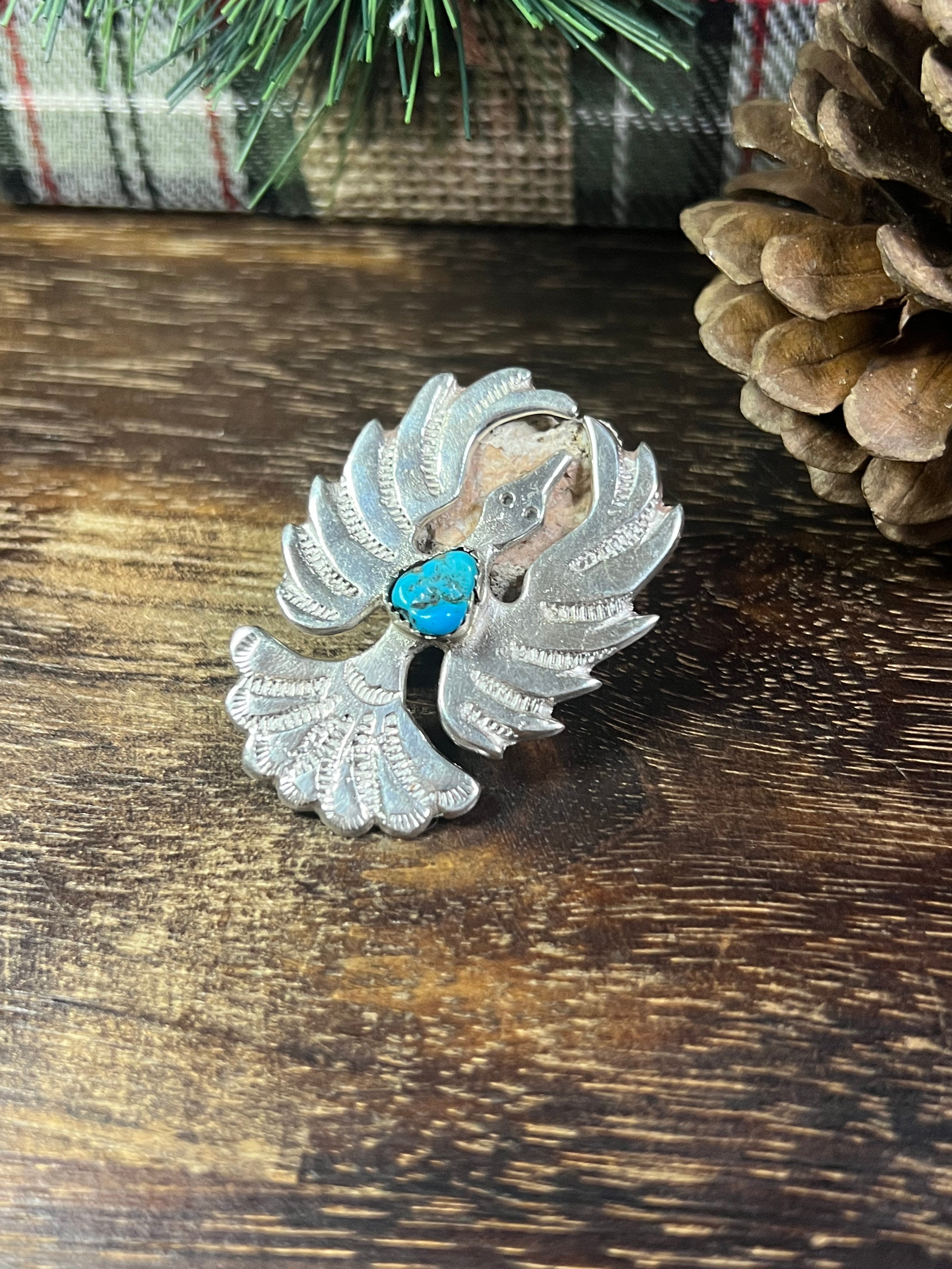 Navajo Made Kingman Turquoise & Sterling Silver Bird Pin