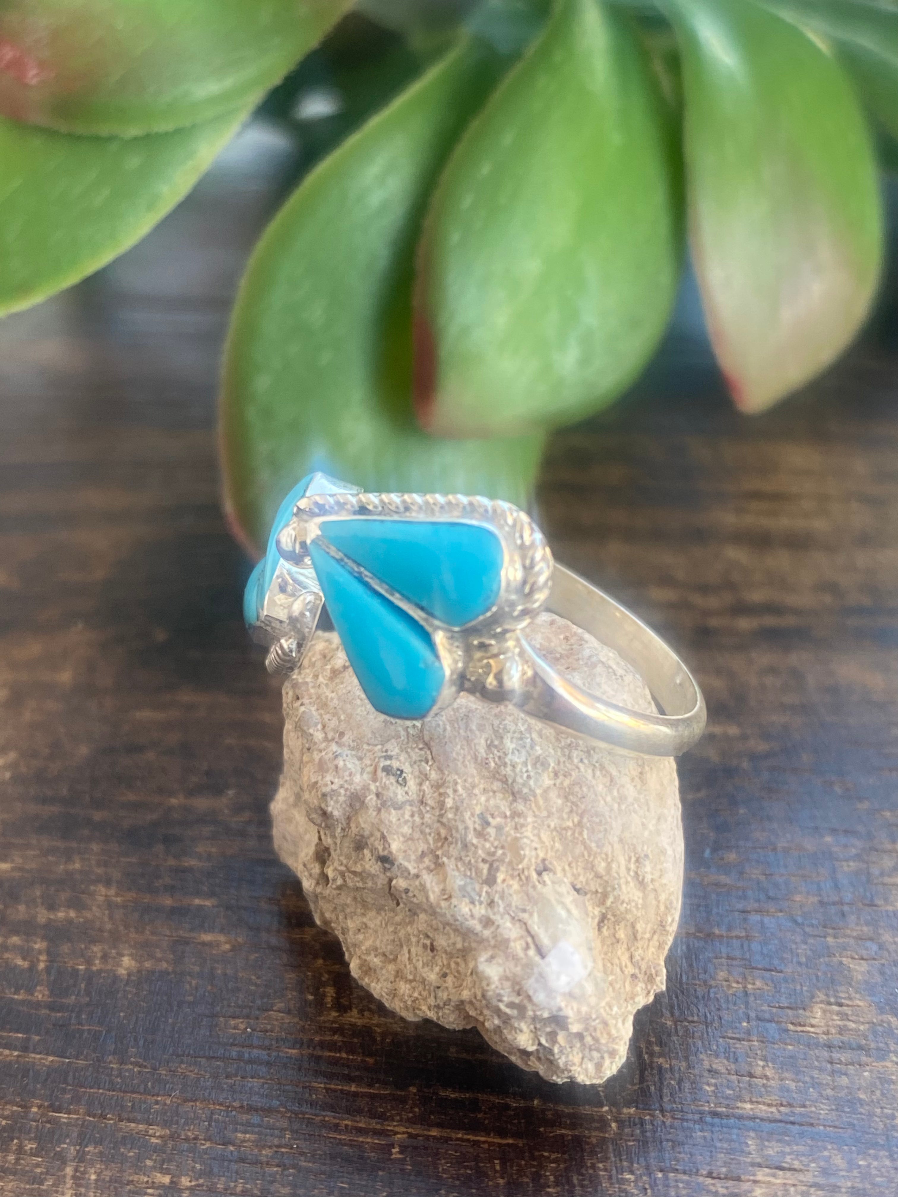 Zuni  Made Turquoise & Sterling Silver Inlay Heart Adjustable Rings