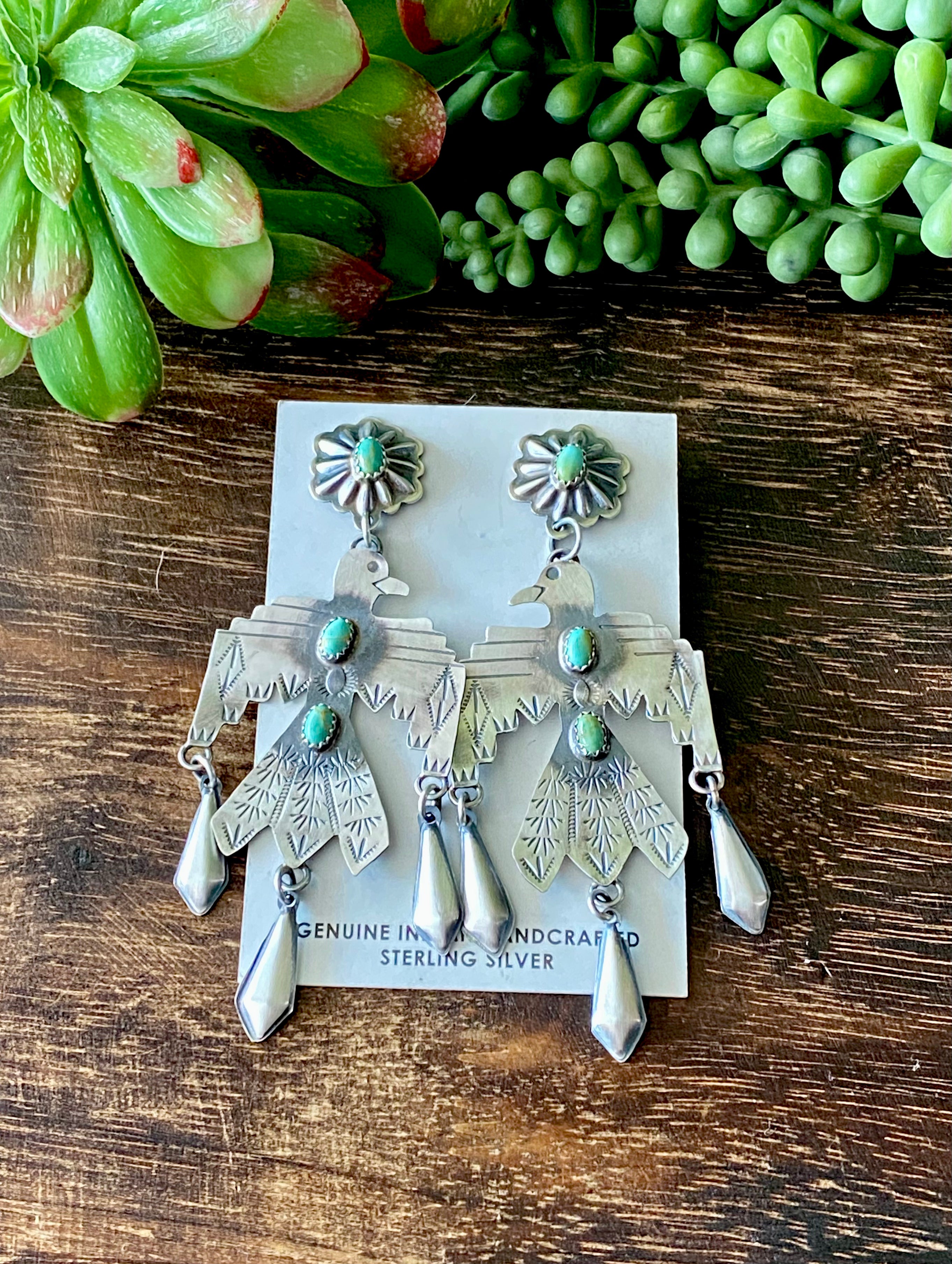 Navajo Made Kingman Turquoise & Sterling Silver Post Dangle Earrings