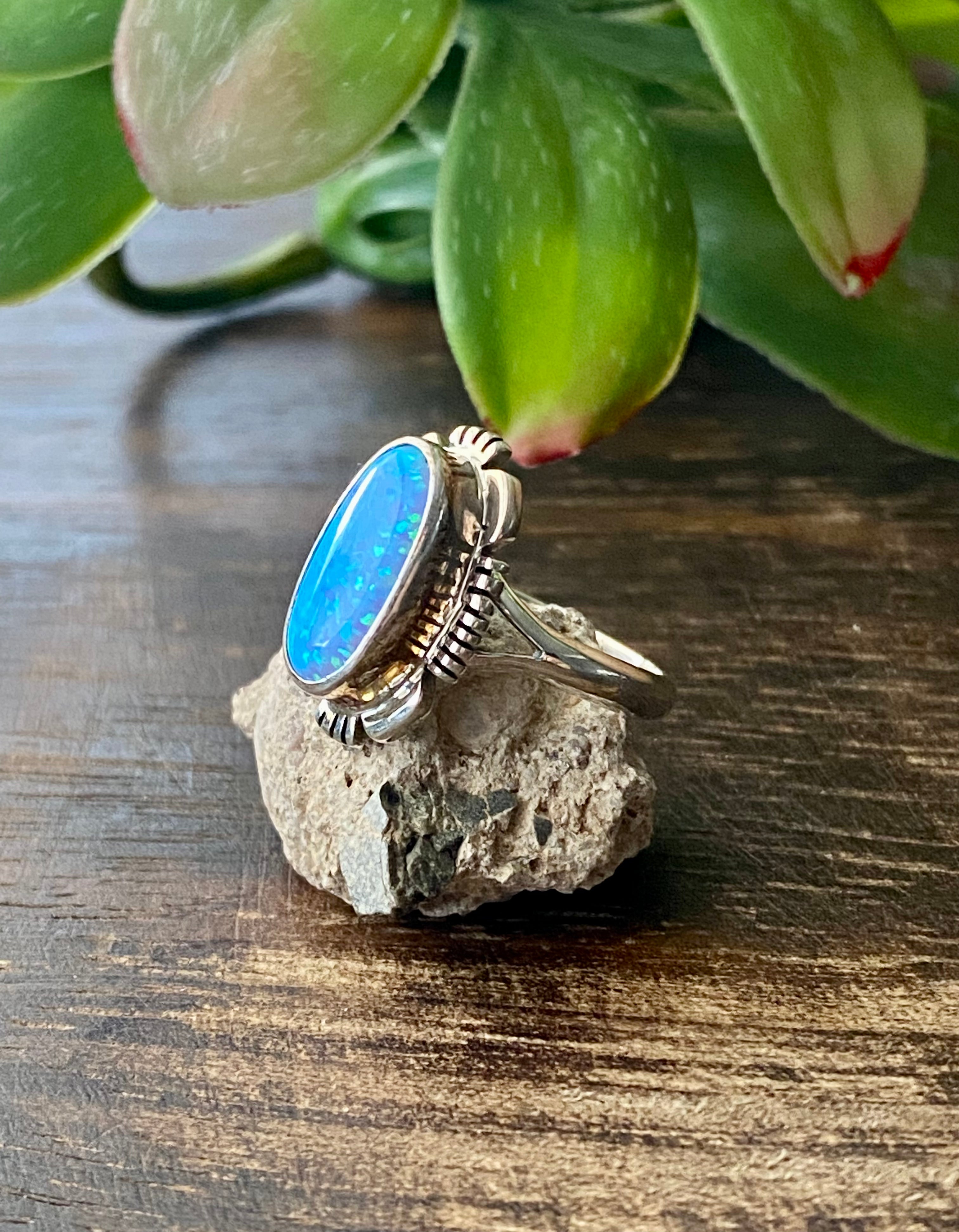 Navajo Made Blue Opal & Sterling Silver Ring Size 6.25