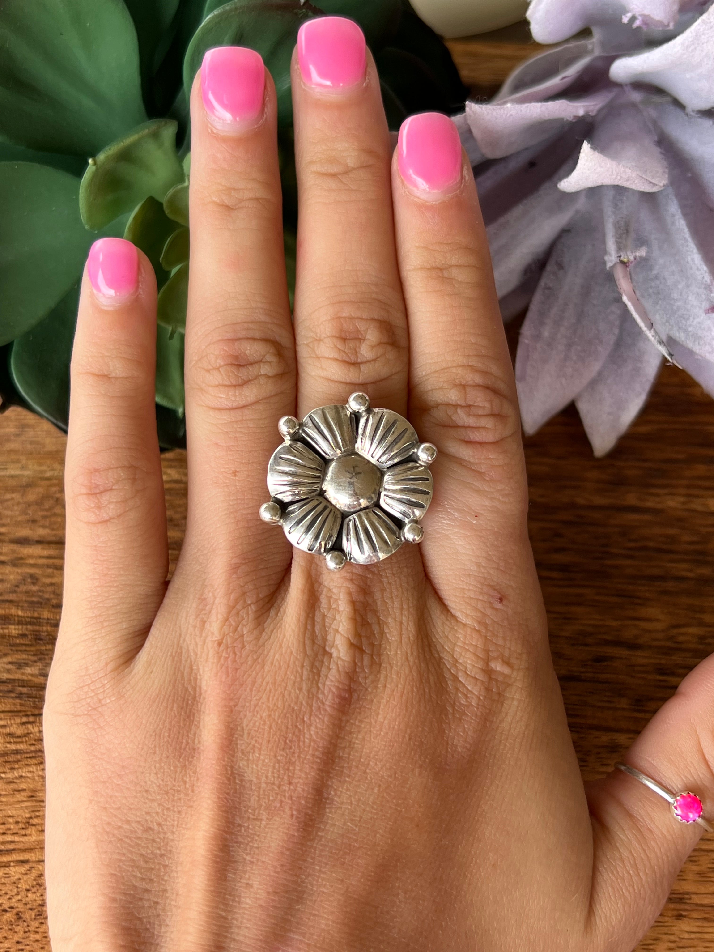 Navajo Made Sterling Silver Flower Adjustable Rings