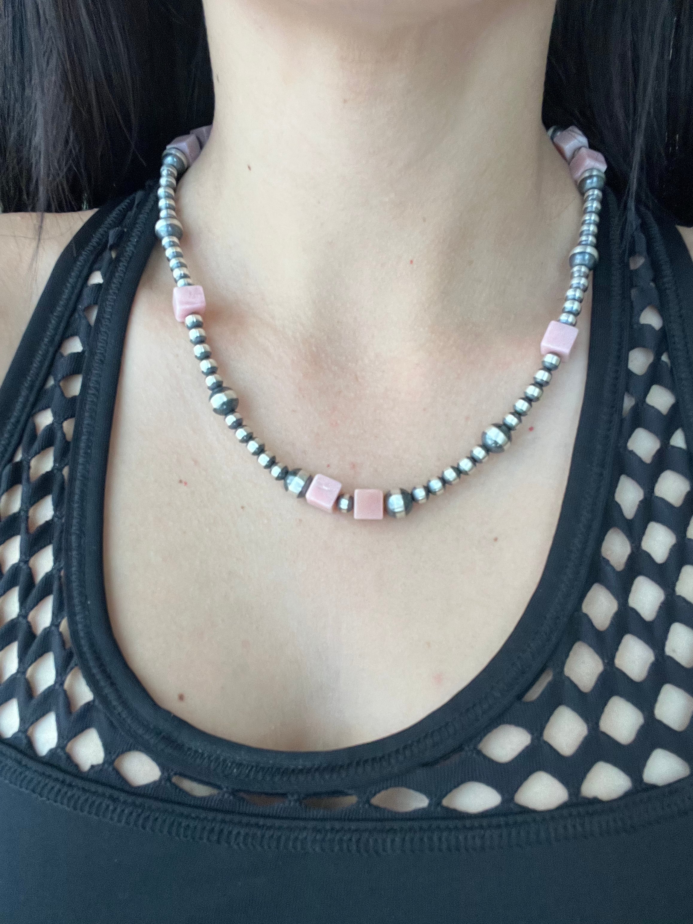 Navajo Made Pink Coral & Sterling Silver Graduated Pearl Necklace