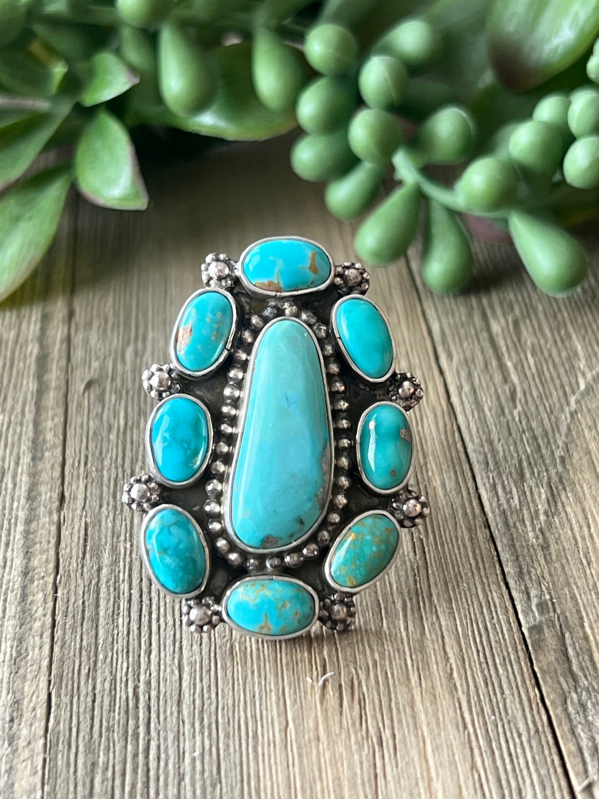 Chris Etsitty Kingman Turquoise & Sterling Silver Ring Size 7.5