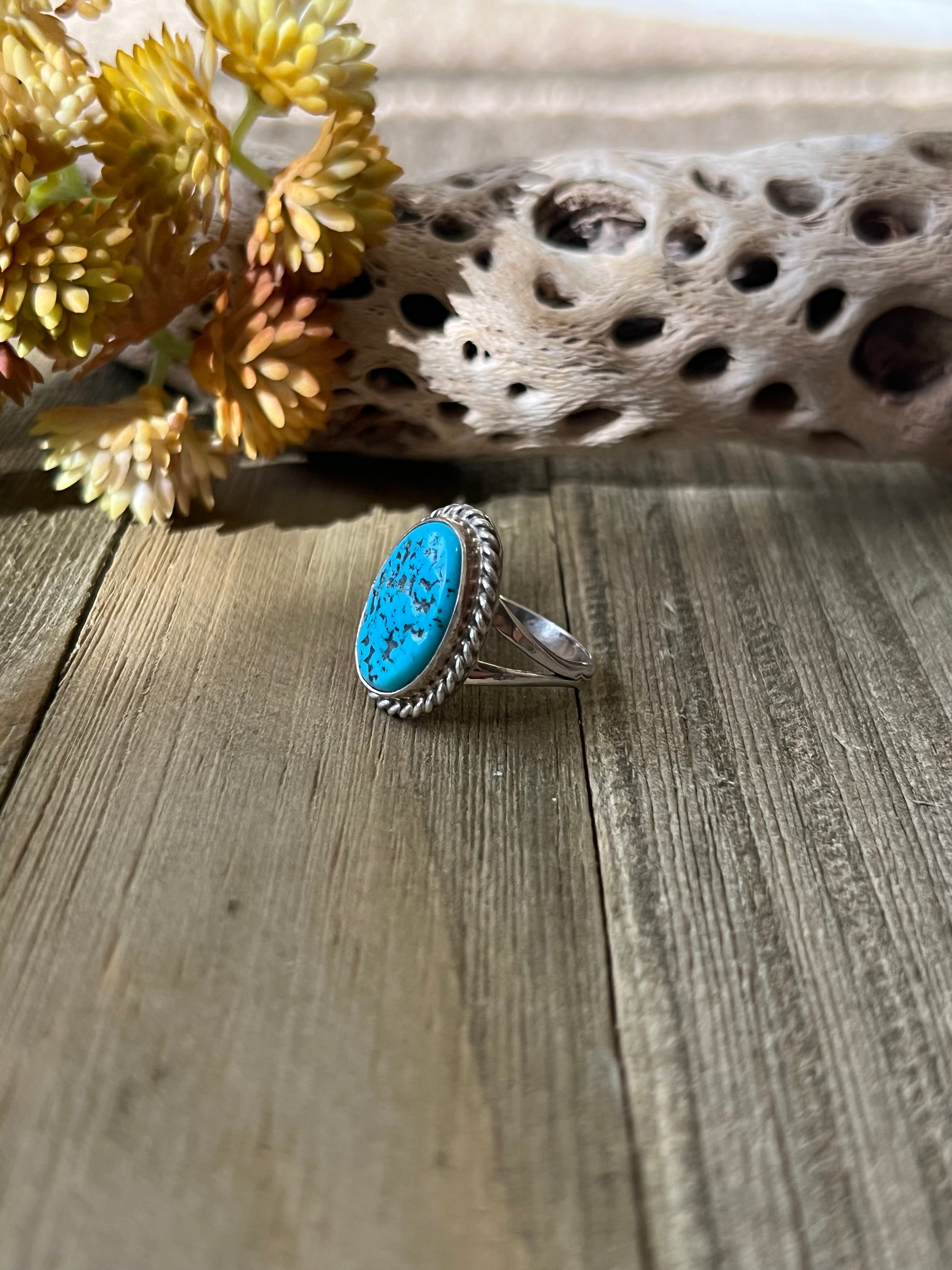 Navajo Made Kingman Turquoise & Sterling Silver Ring Size 7.75