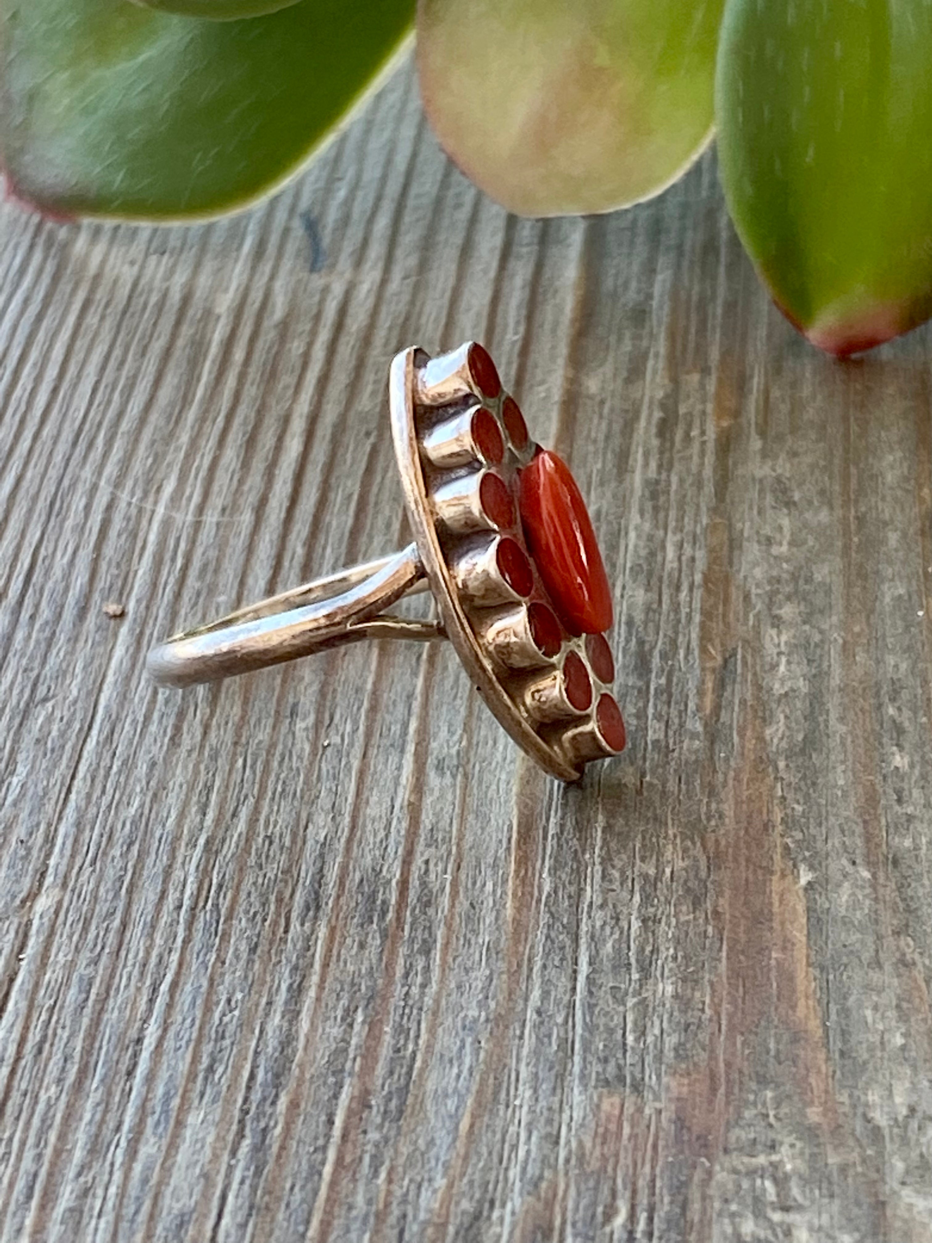 Zuni Made Coral & Sterling Silver Inlay Ring Size 6.5