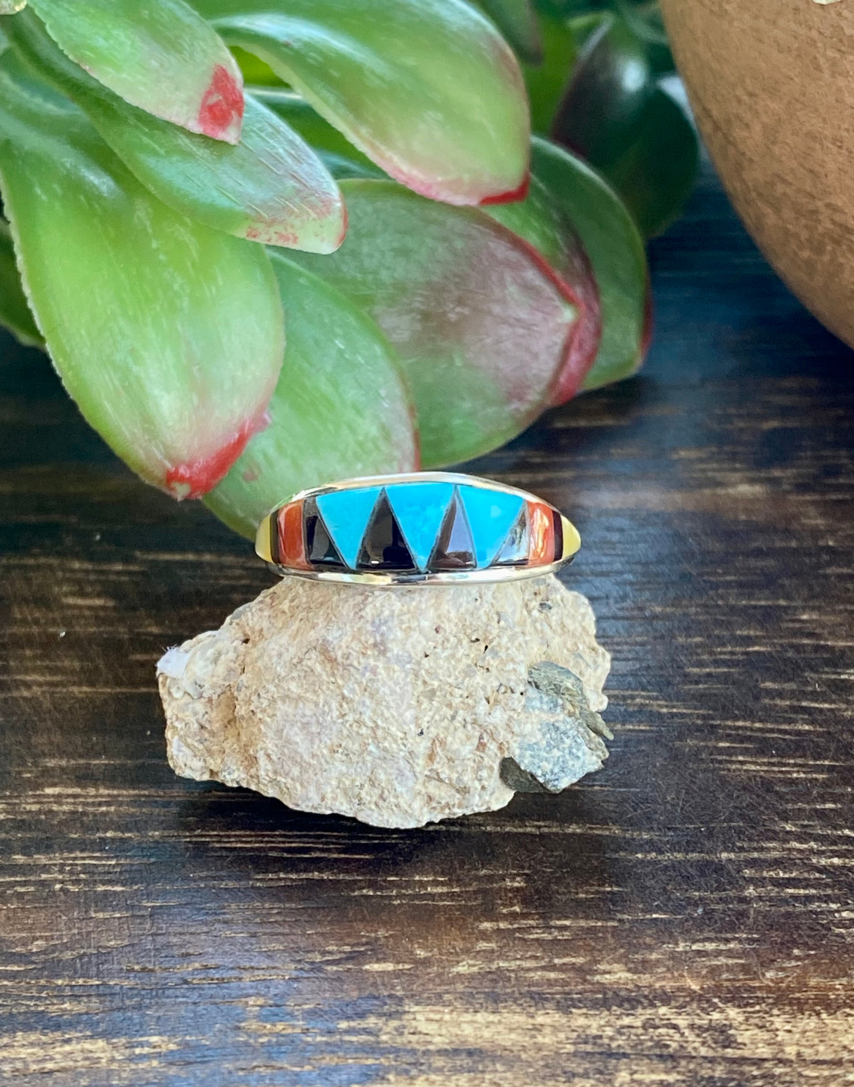 Zuni Made Multi Stone & Sterling Silver Inlay Ring