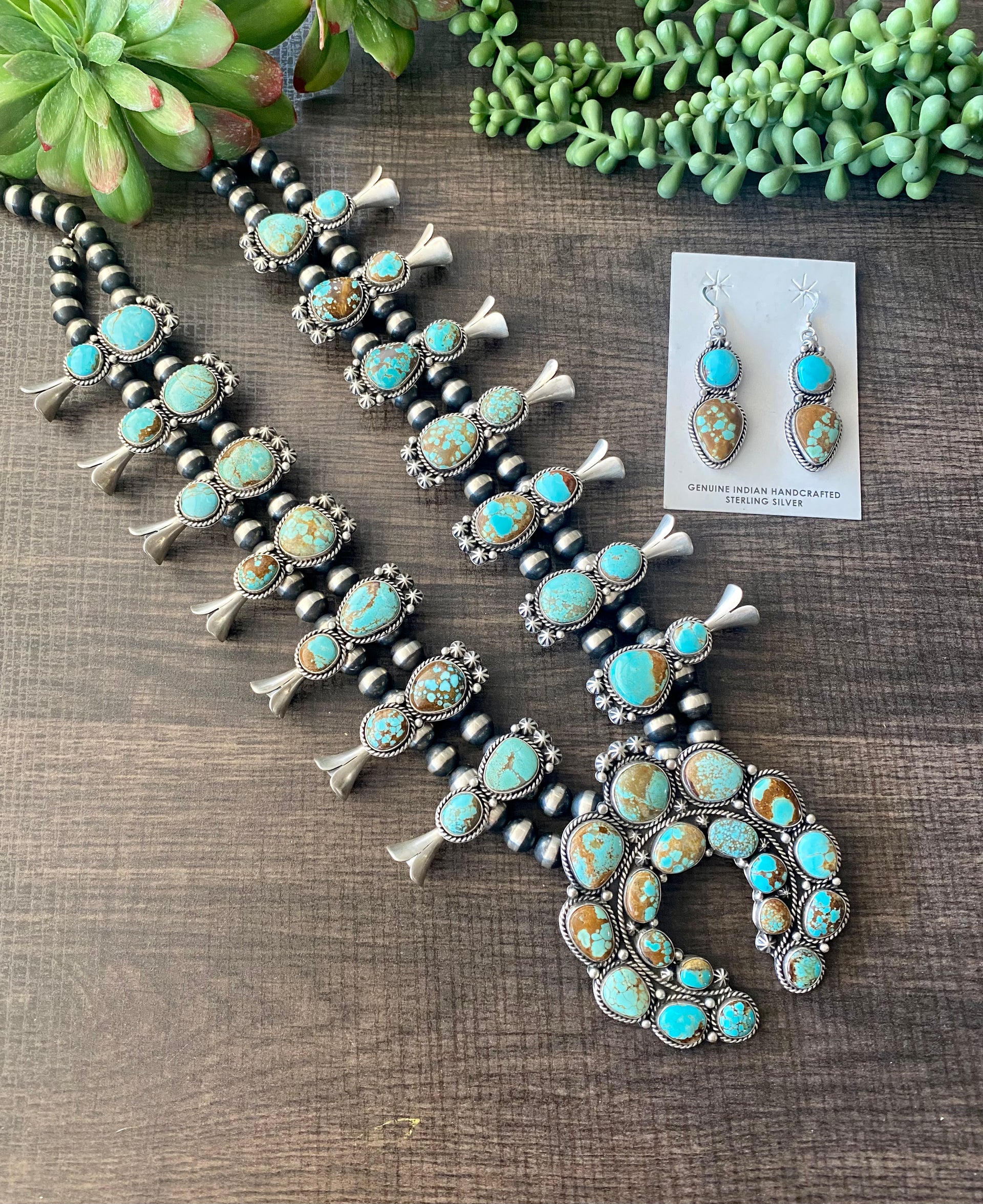 Elanor Richards #8 Turquoise & Sterling Silver Squash Blossom Necklace Set