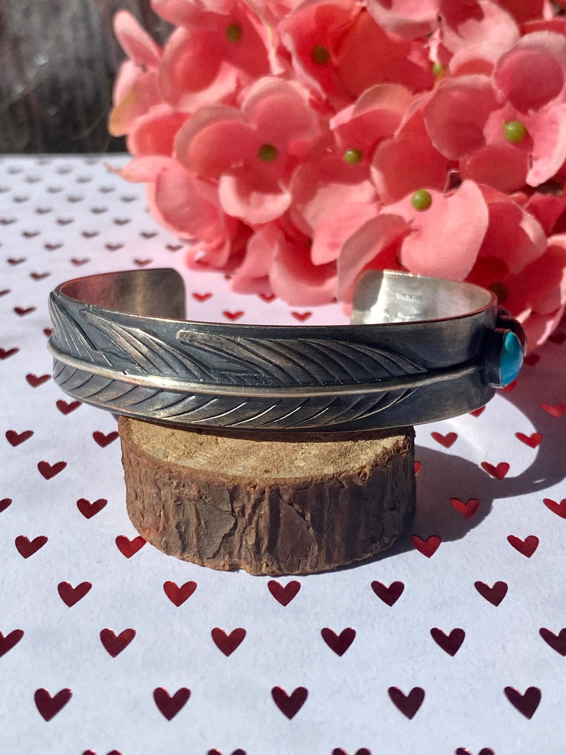 Tony Yazzie Kingman Turquoise & Spiny Oyster Sterling Silver Feather Cuff Bracelet