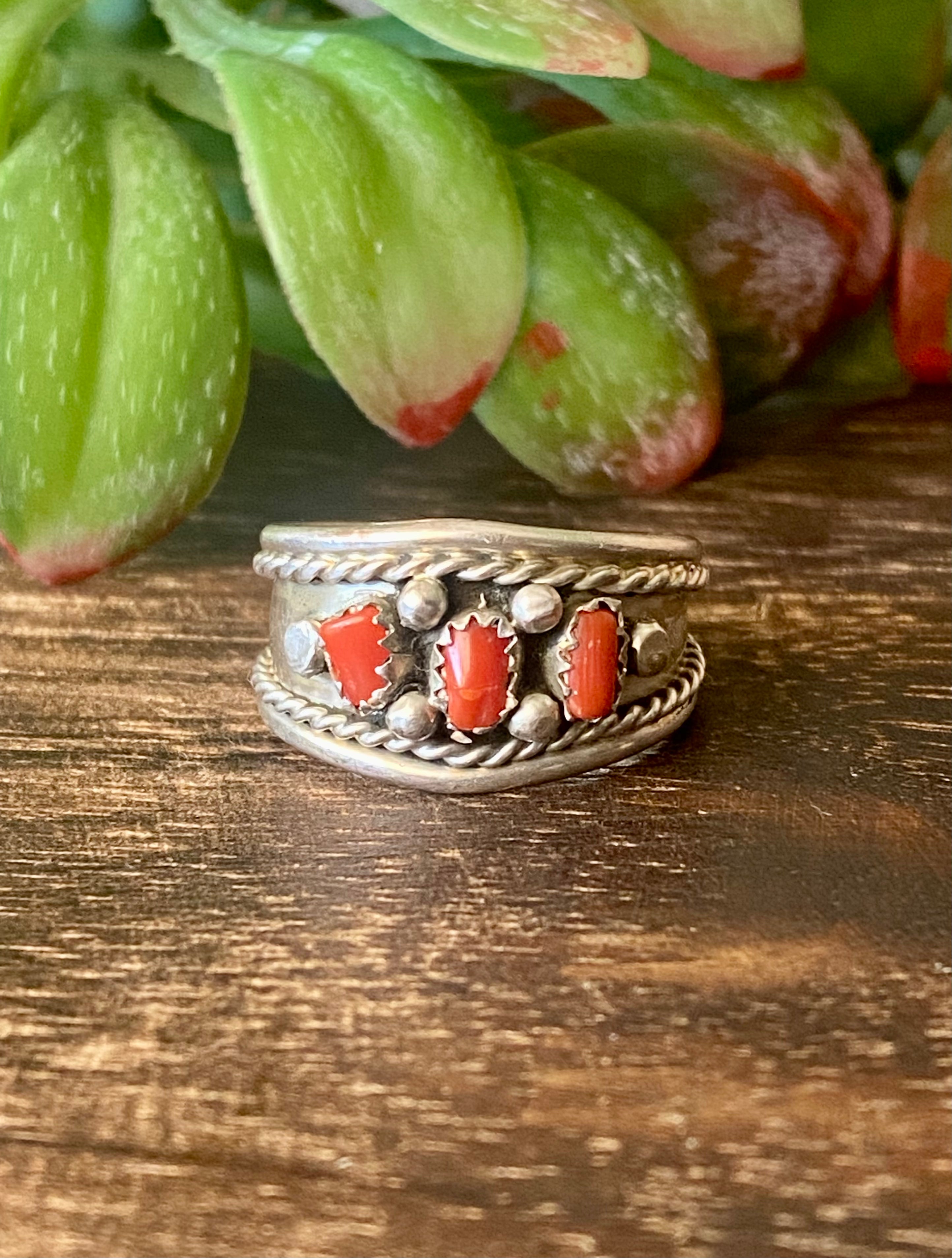 Navajo Made Coral & Sterling Silver Ring Size 11.5