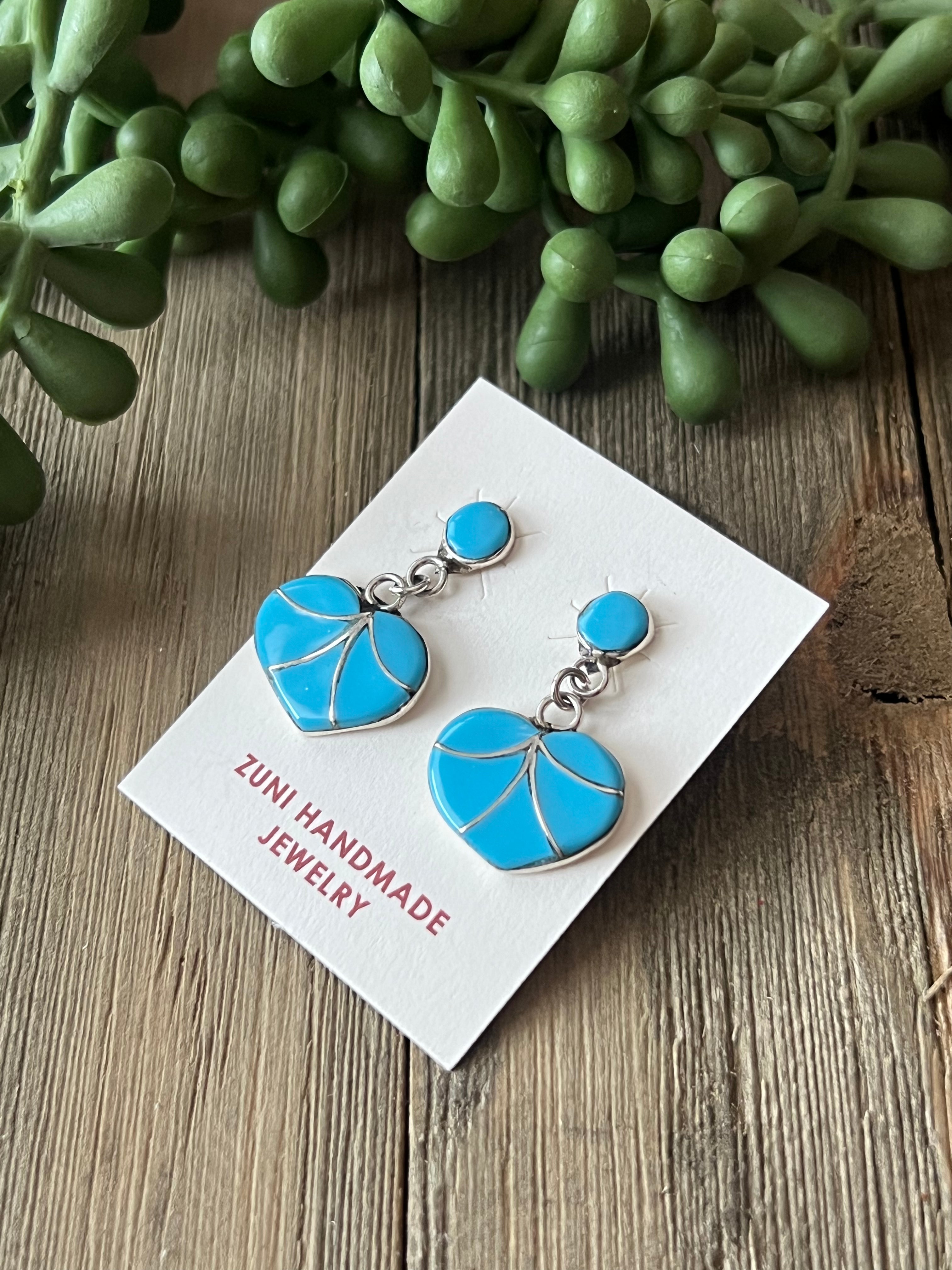 Zuni Made Turquoise & Sterling Silver Inlay Post Heart Dangle Earrings