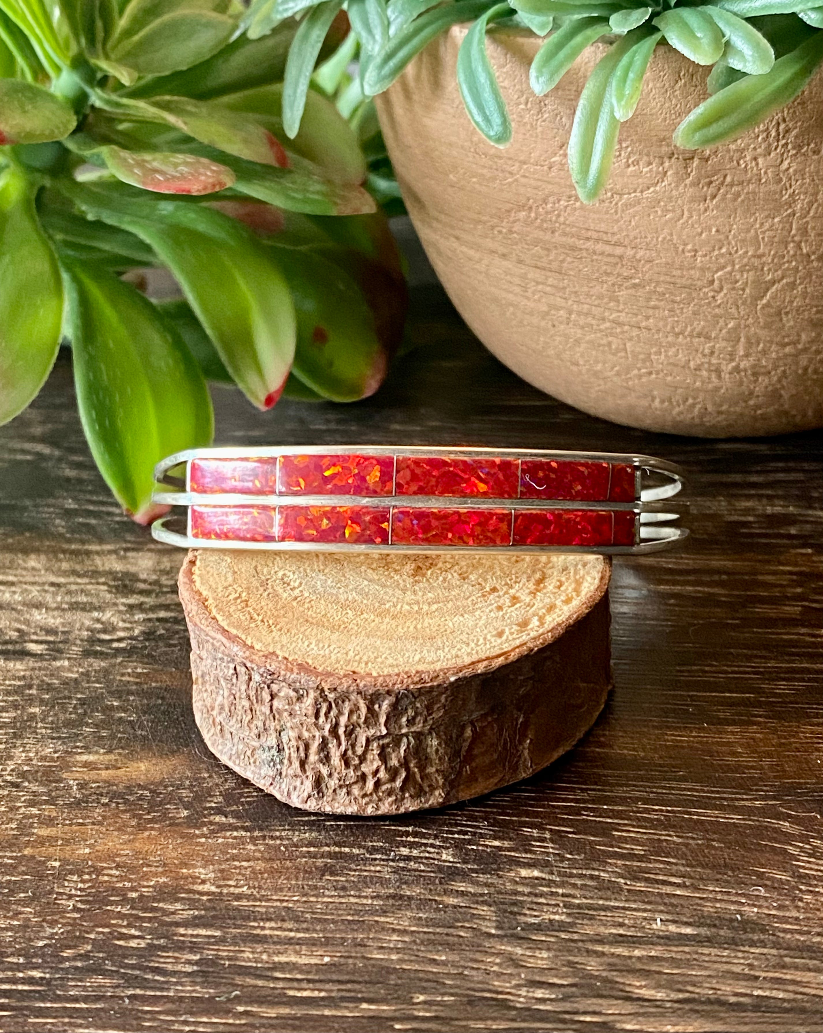 Navajo Made Red Opal & Sterling Silver Inlay Cuff Bracelet