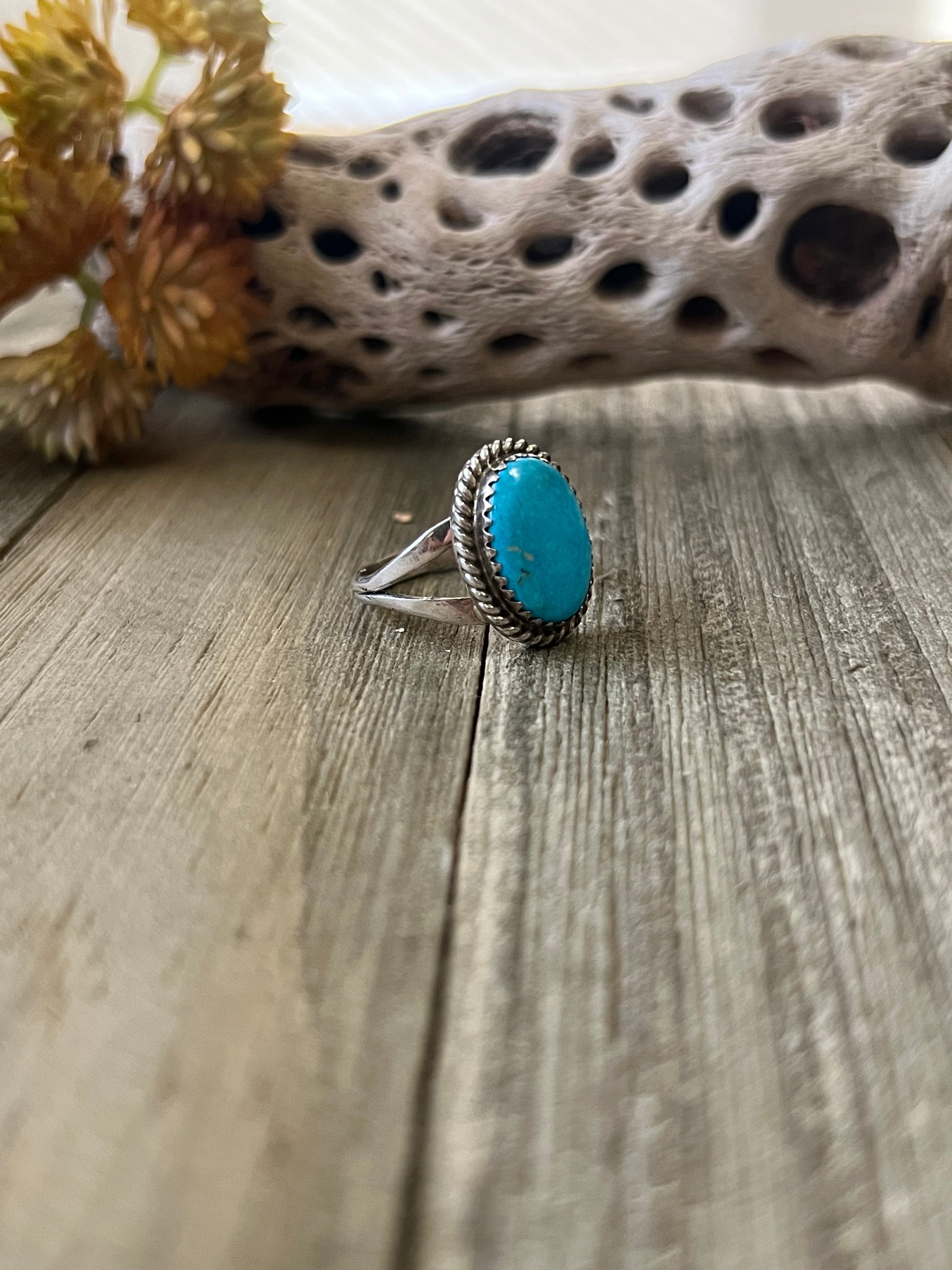 Navajo Made Kingman Turquoise & Sterling Silver Ring Size 8