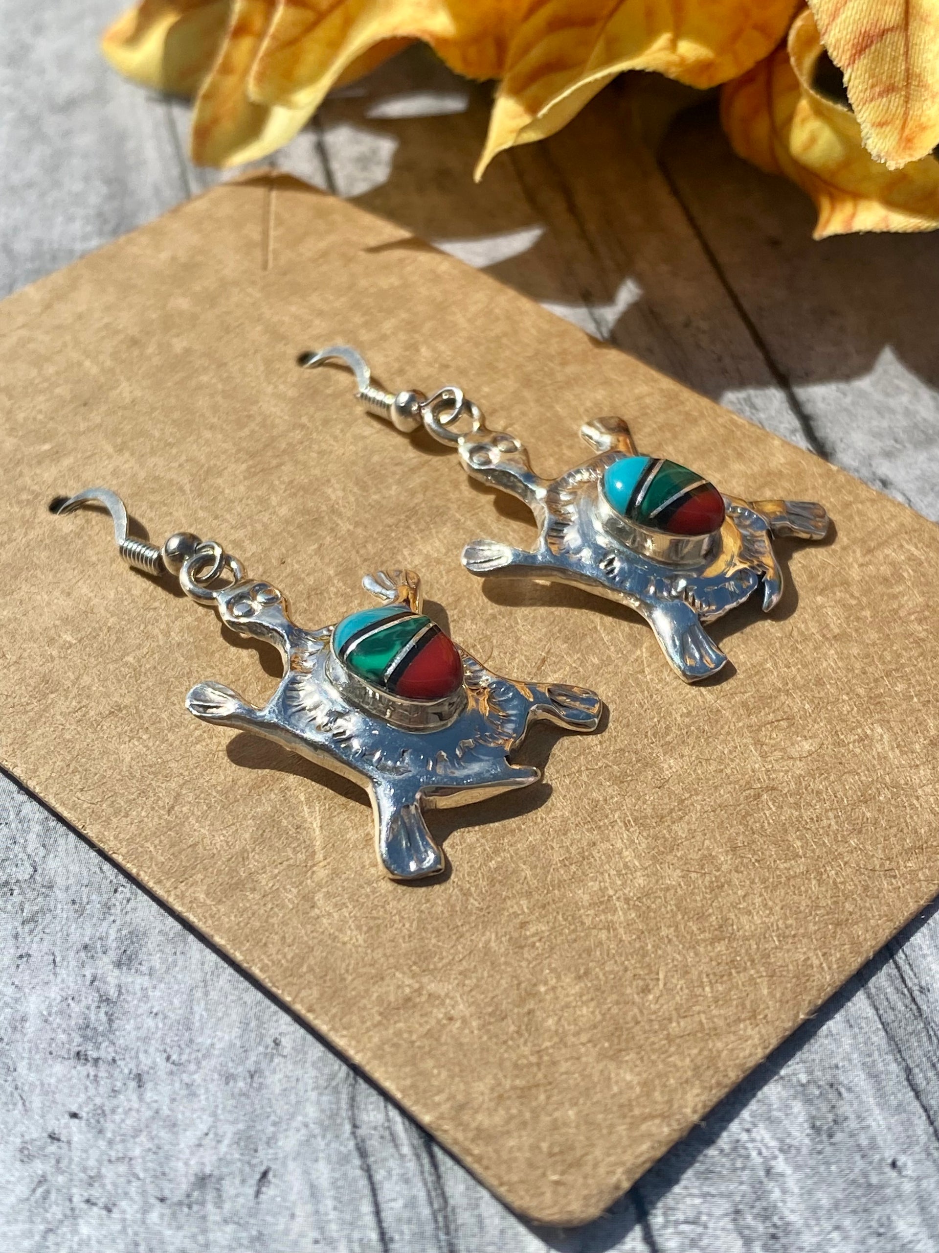 Joe Martinez Multi Stone & Sterling Silver Inlay Turtle Dangle Earrings