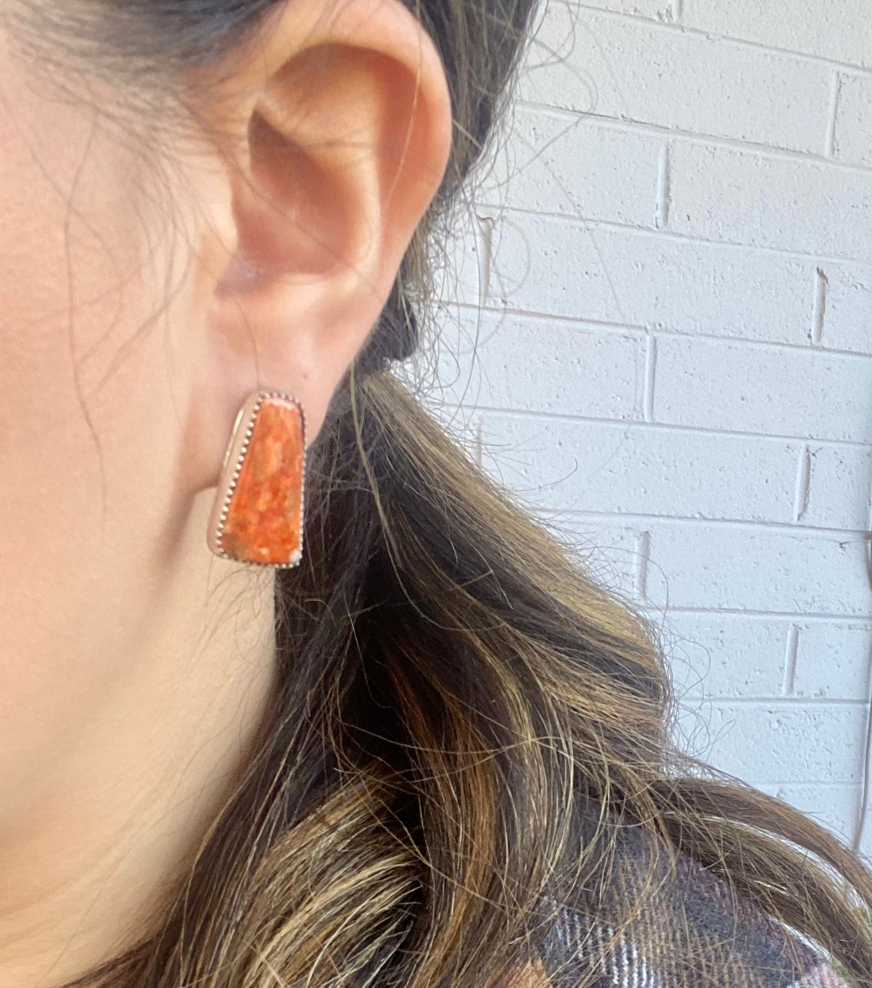 Navajo Made Apple Coral & Sterling Silver Post Earrings