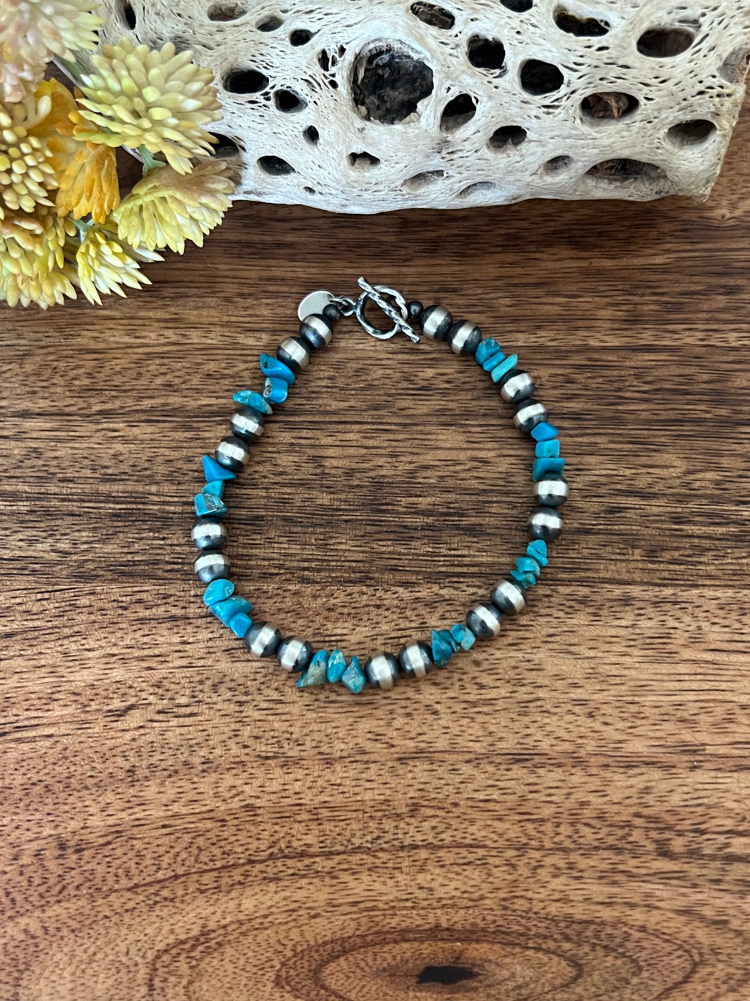 Navajo Strung Kingman Turquoise & Sterling Silver 5 MM Pearl Bracelet