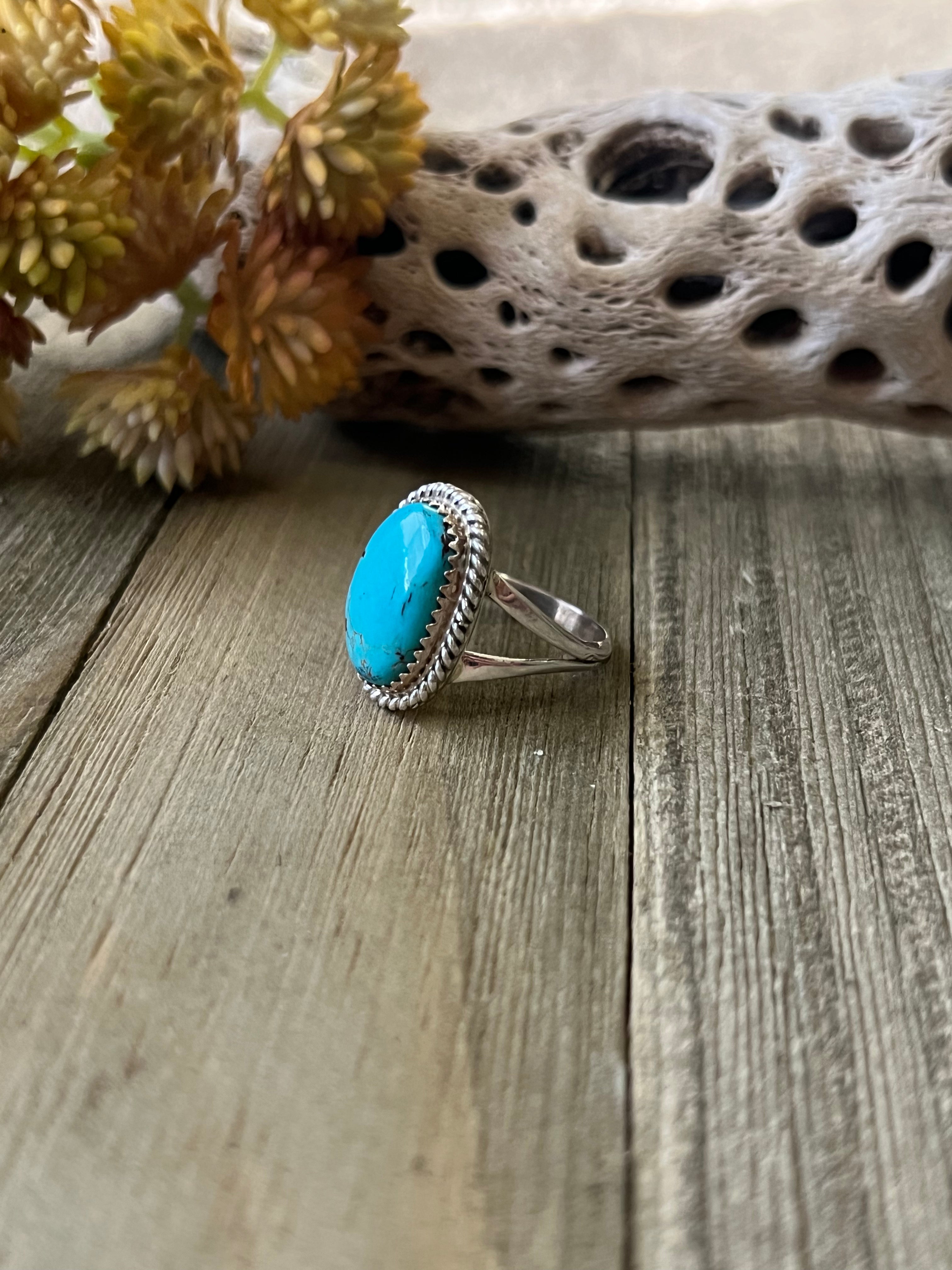 Navajo Made Kingman Turquoise & Sterling Silver Ring Size 8.25