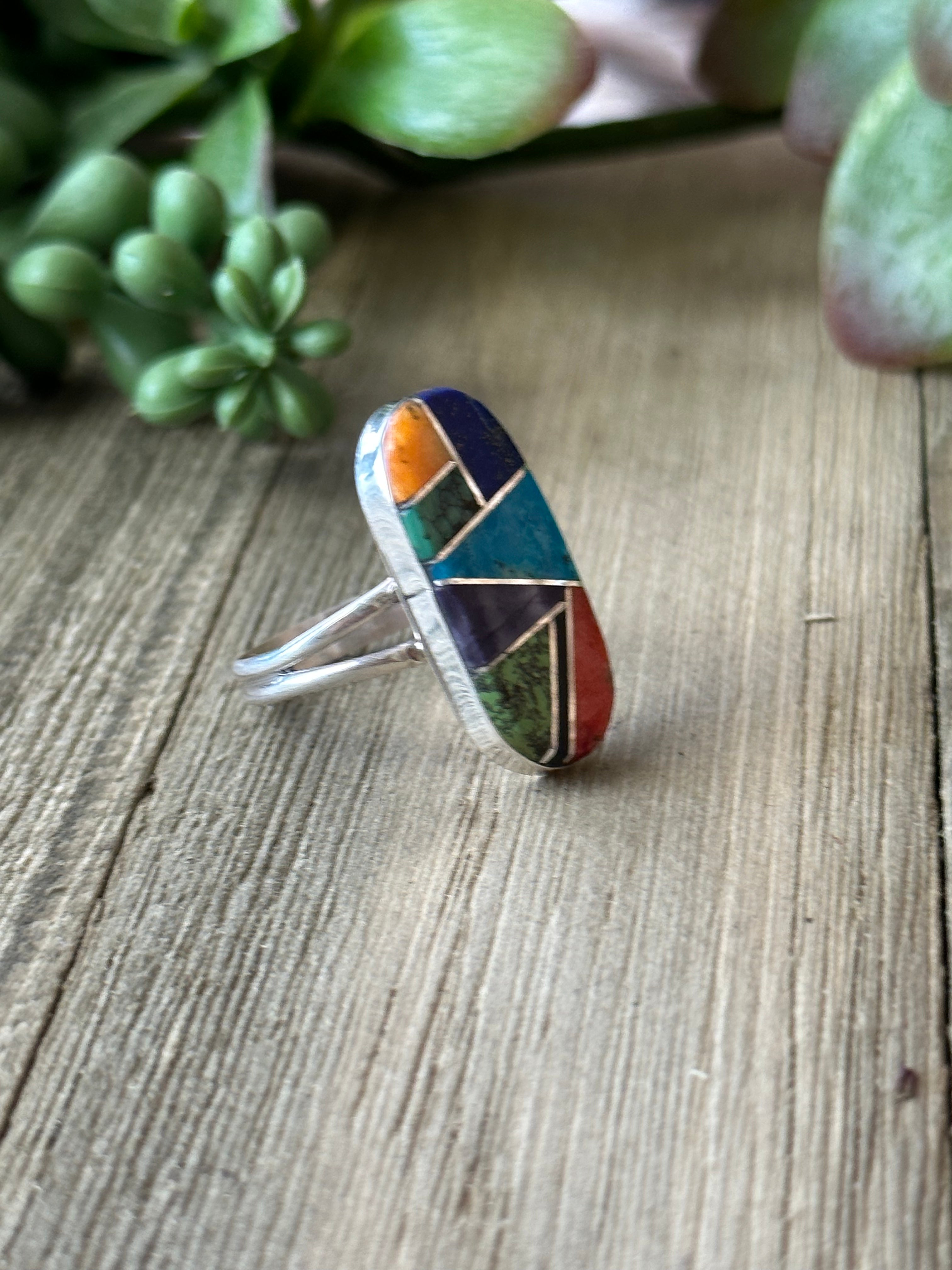 Navajo Made Multi Stone & Sterling Silver Inlay Ring Size 7.5