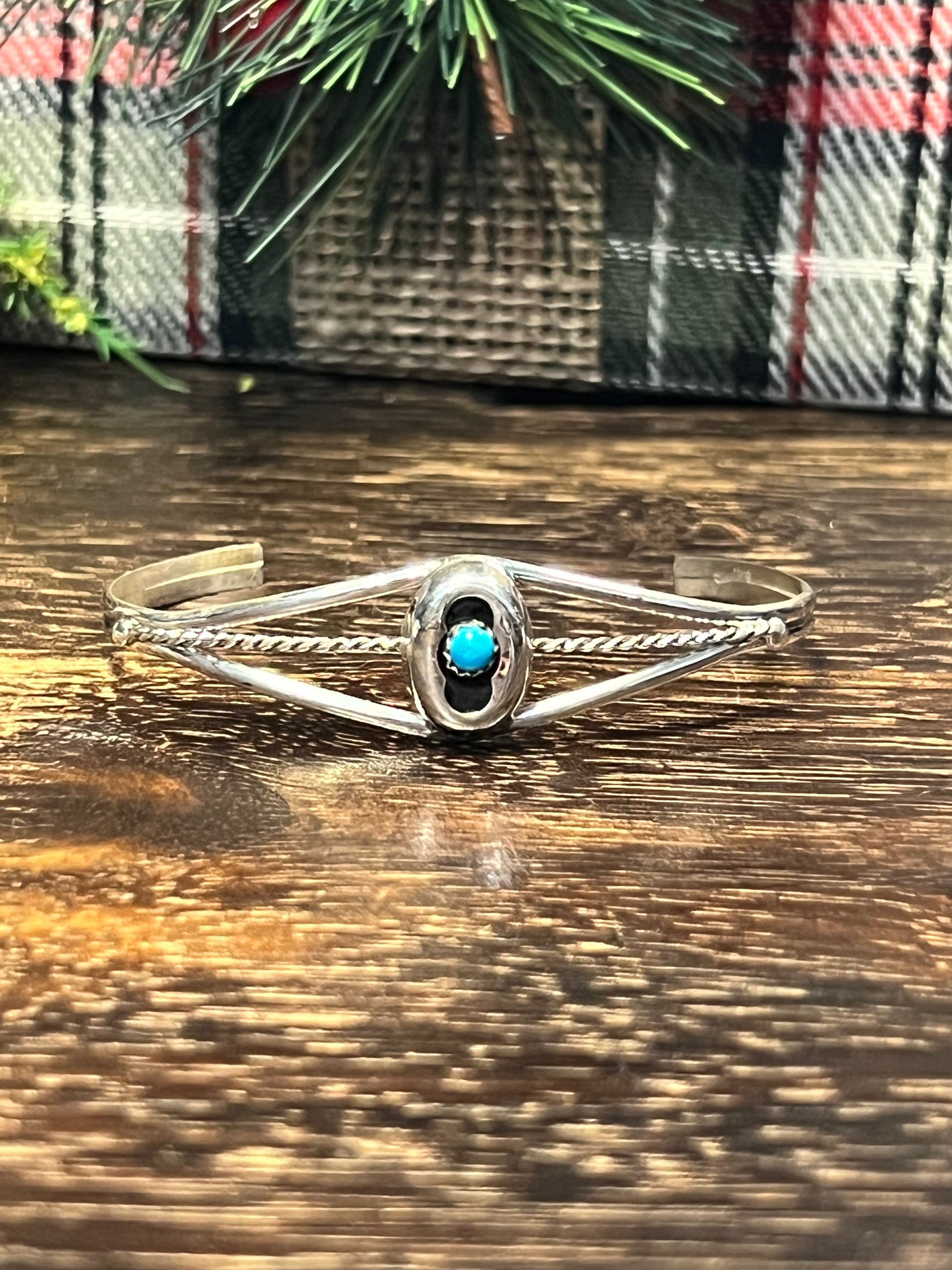 Navajo Made Kingman Turquoise & Sterling Silver Shadowbox Cuff Bracelet