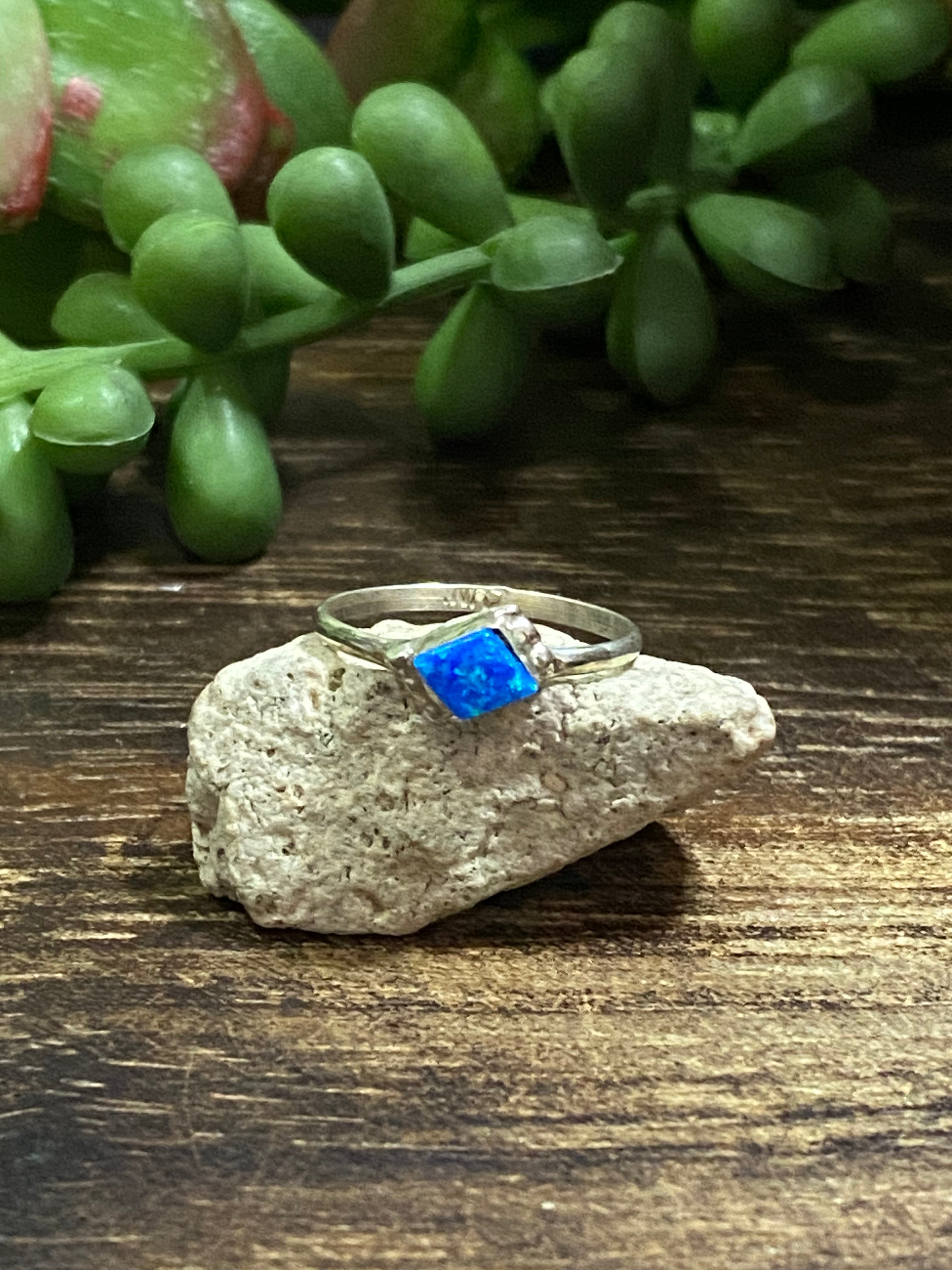 Navajo Made Blue Opal (Man-Made) & Sterling Silver Ring Size 4