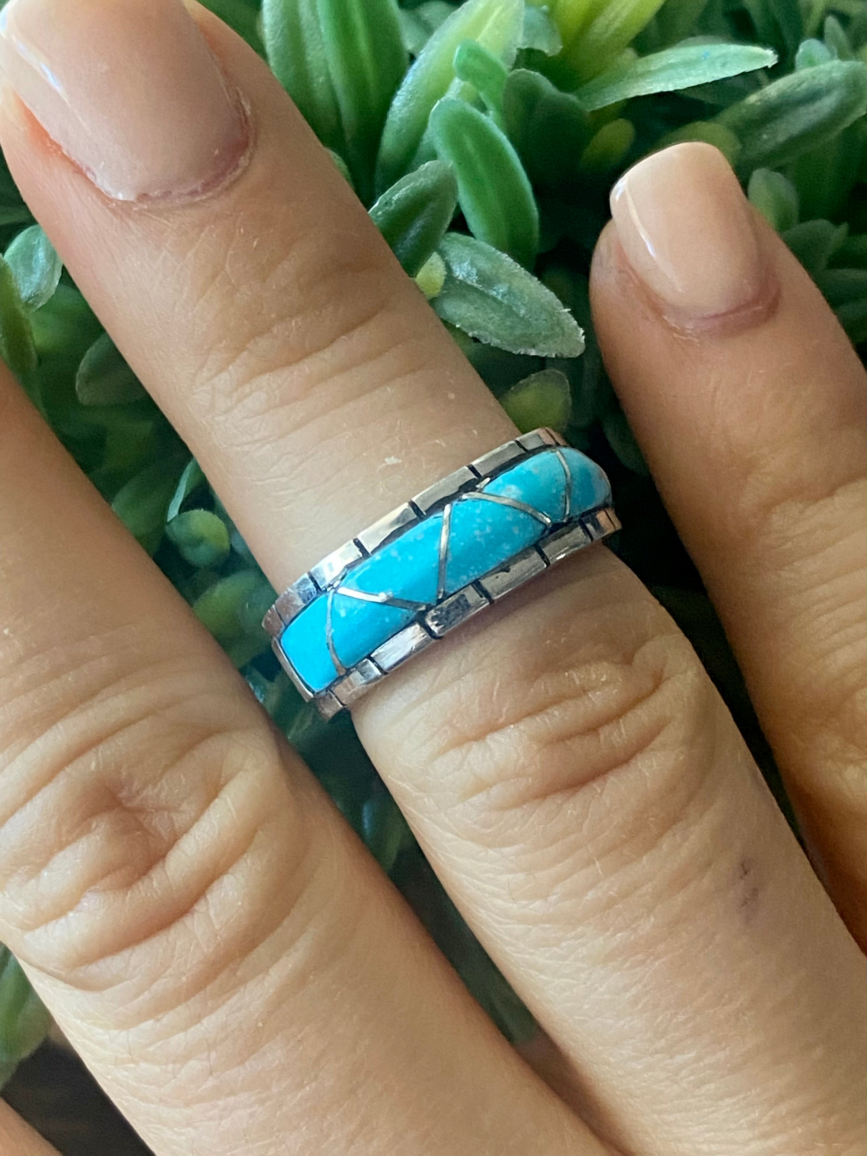 Zuni Made Turquoise & Sterling Silver Inlay Ring Size 6.25