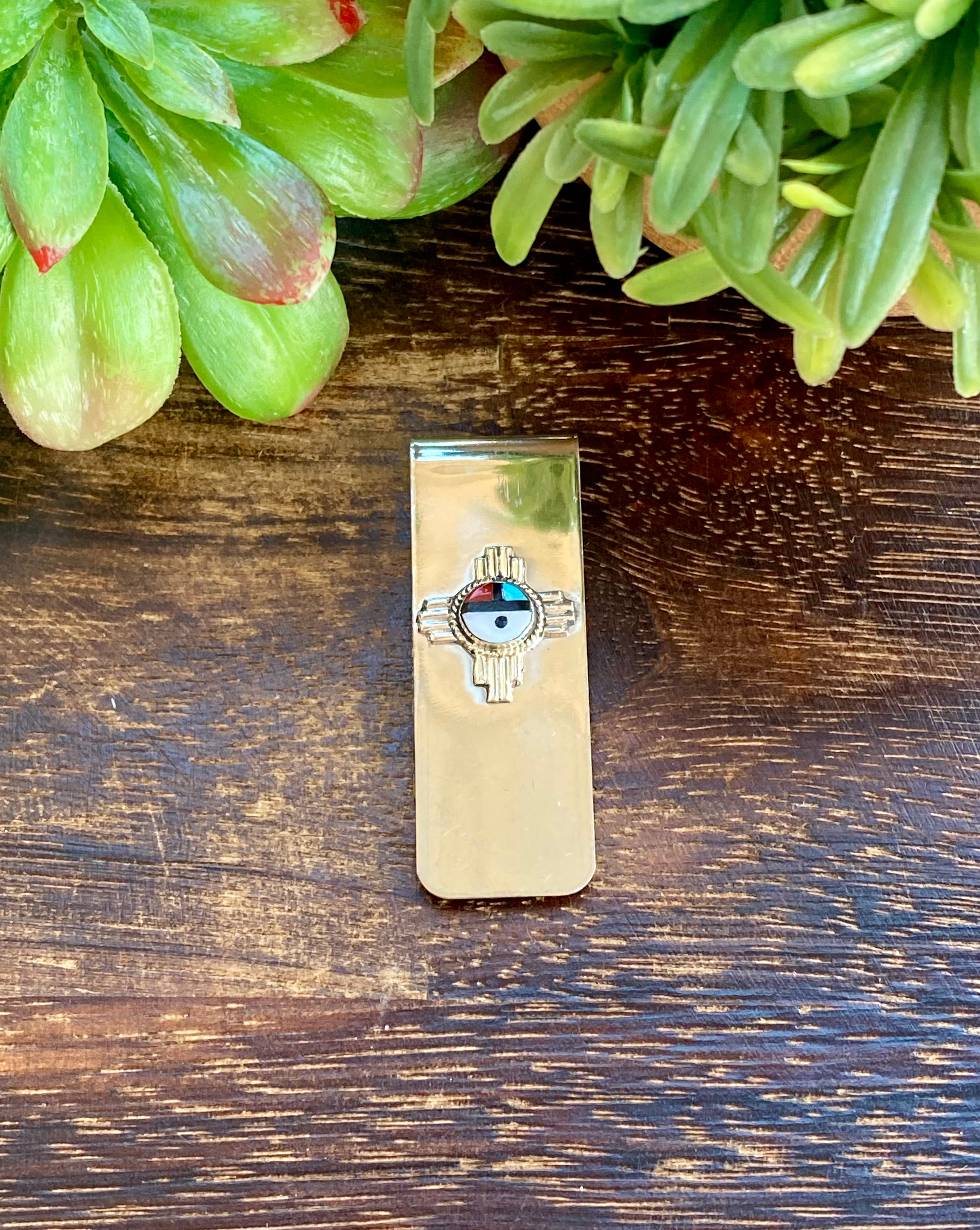 Navajo Made Multi Stone & Sterling Silver Inlay Sunface Zia MoneyClip