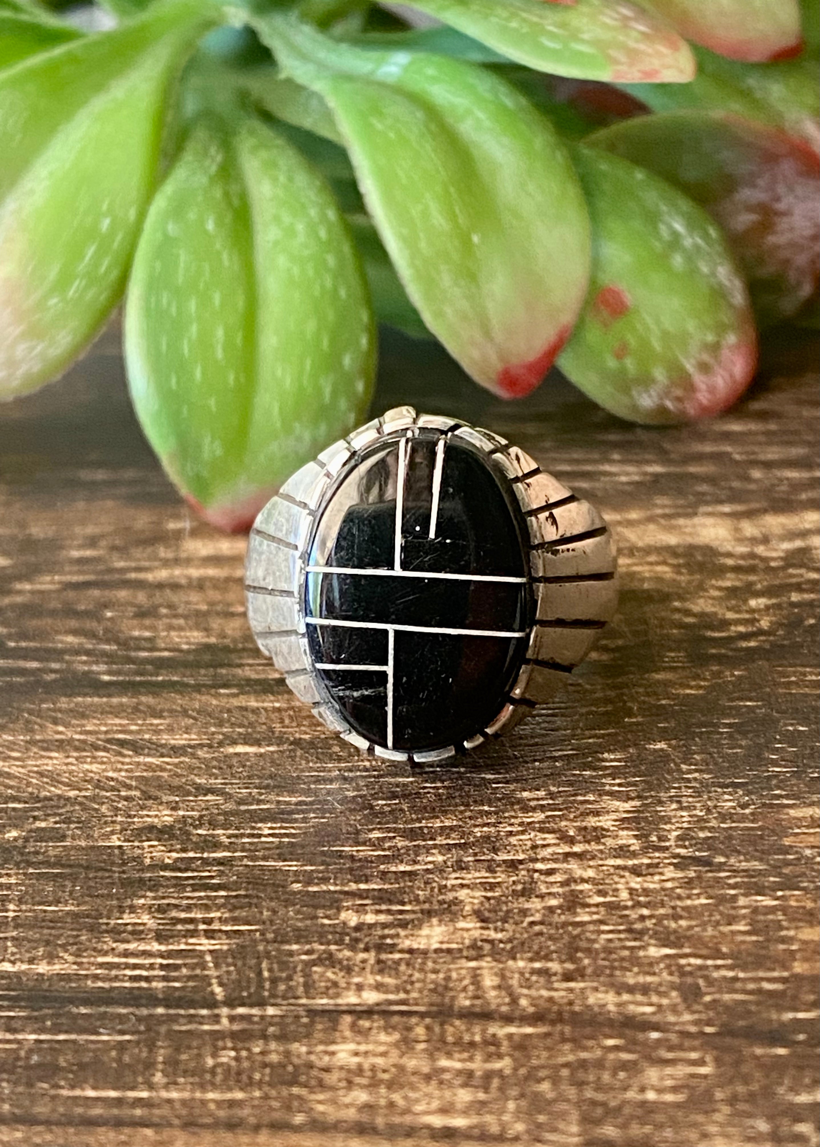 Trevor Jack Onyx & Sterling Silver Inlay Ring Size 12.75