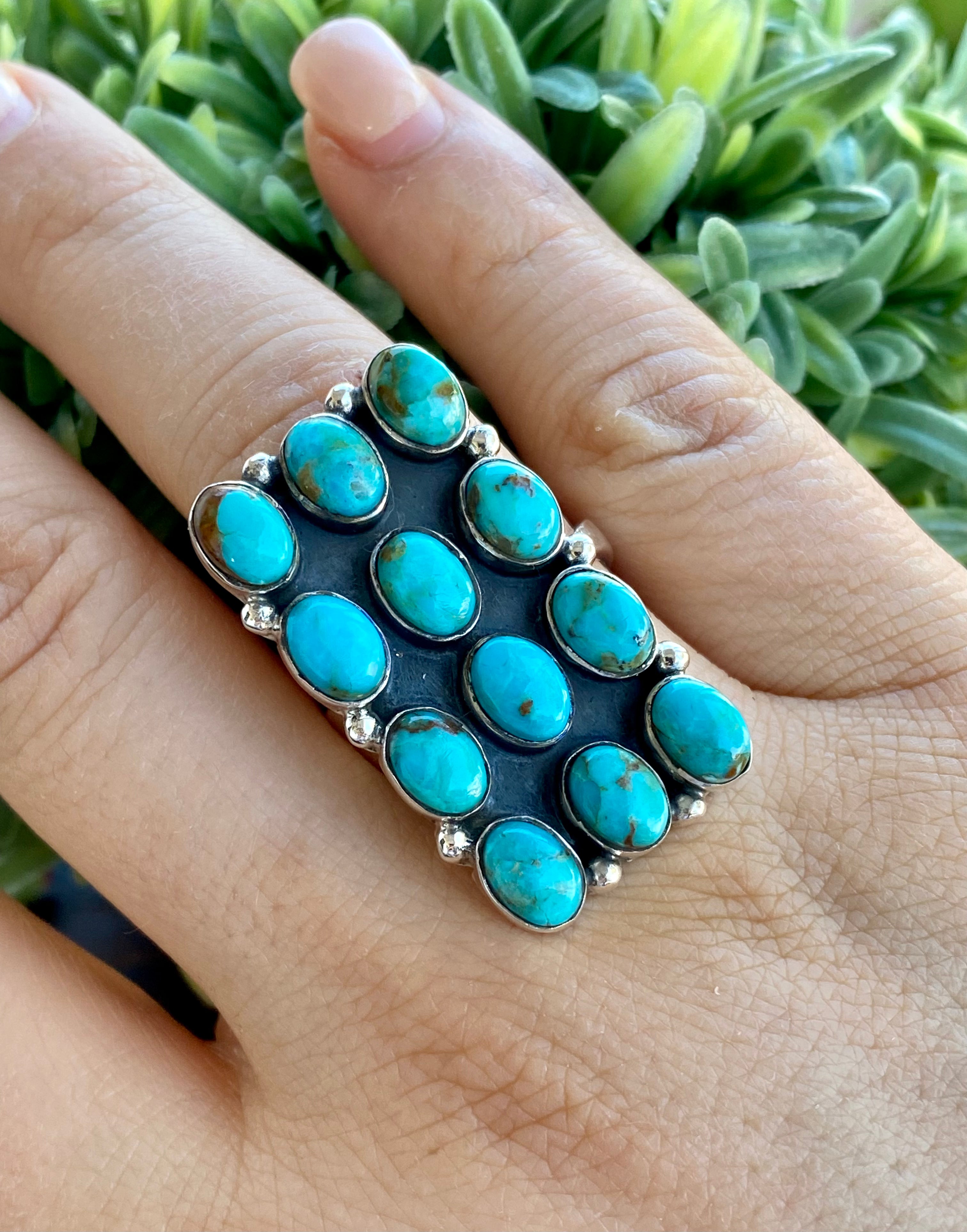 Southwest Handmade Kingman Turquoise & Sterling Silver Adjustable Cluster Rings