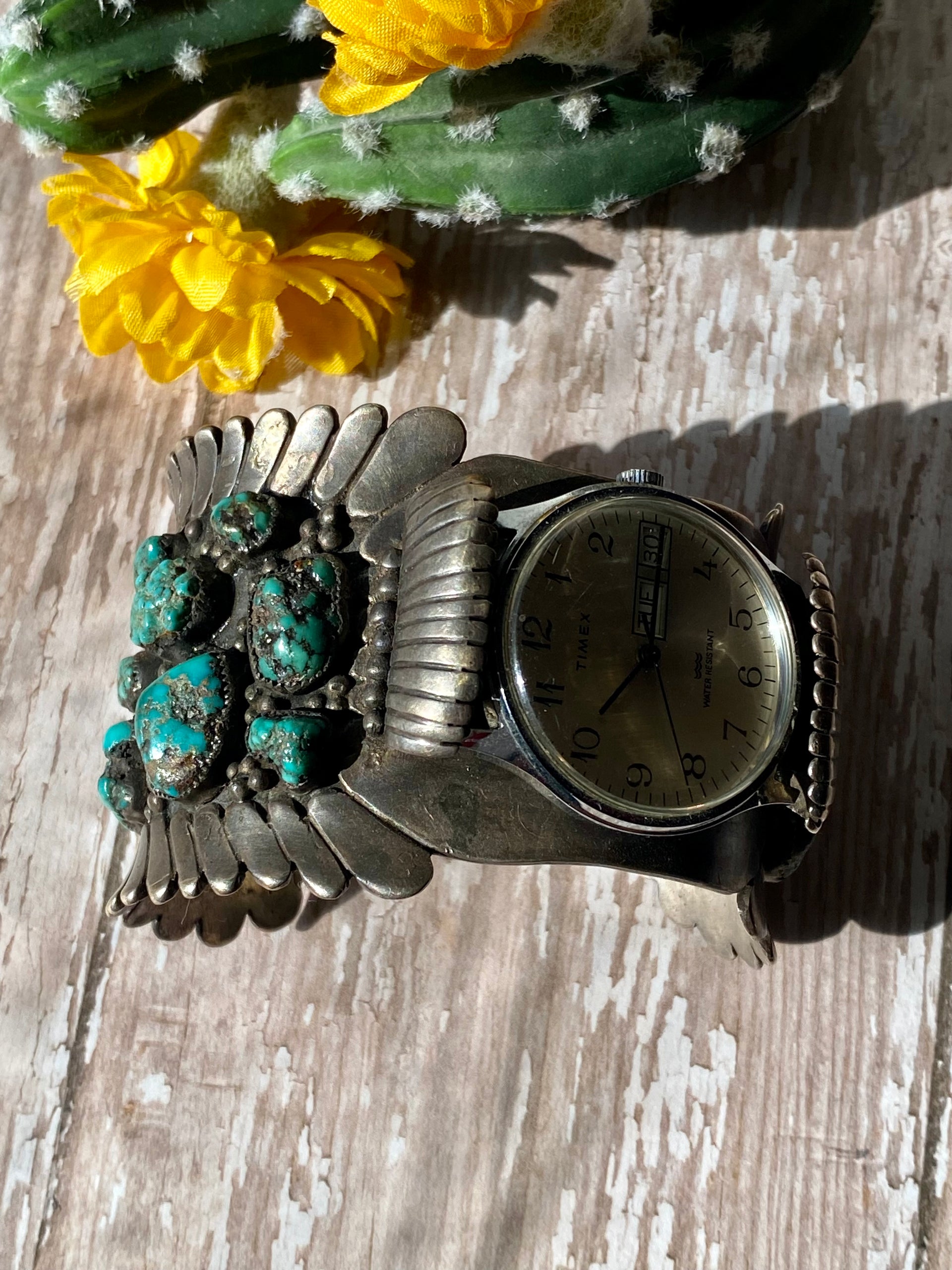 Vintage Arthur J Williams Turquoise & Sterling Silver Watch Cuff Bracelet
