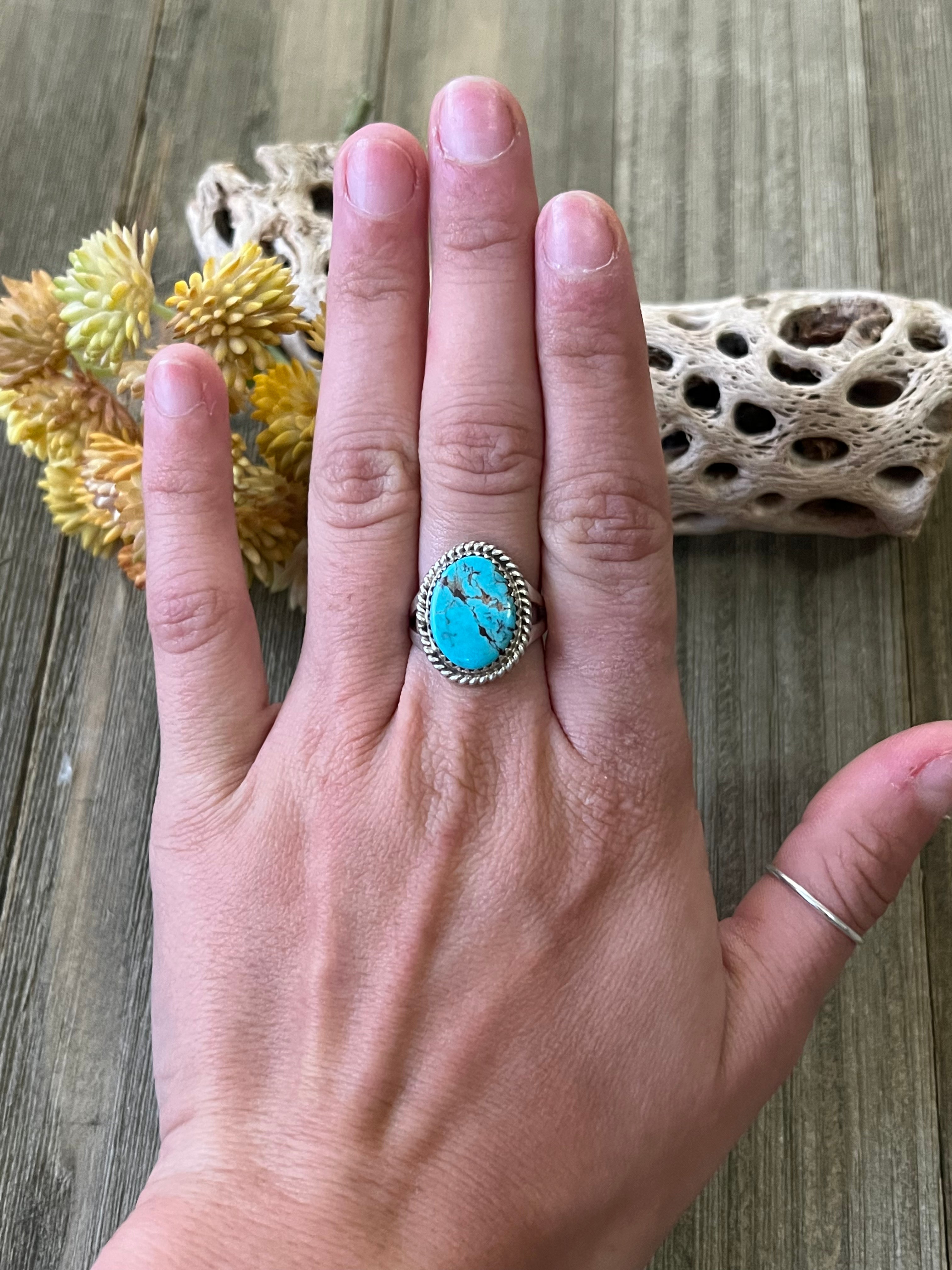 Navajo Made Kingman Turquoise & Sterling Silver Ring Size 7.25