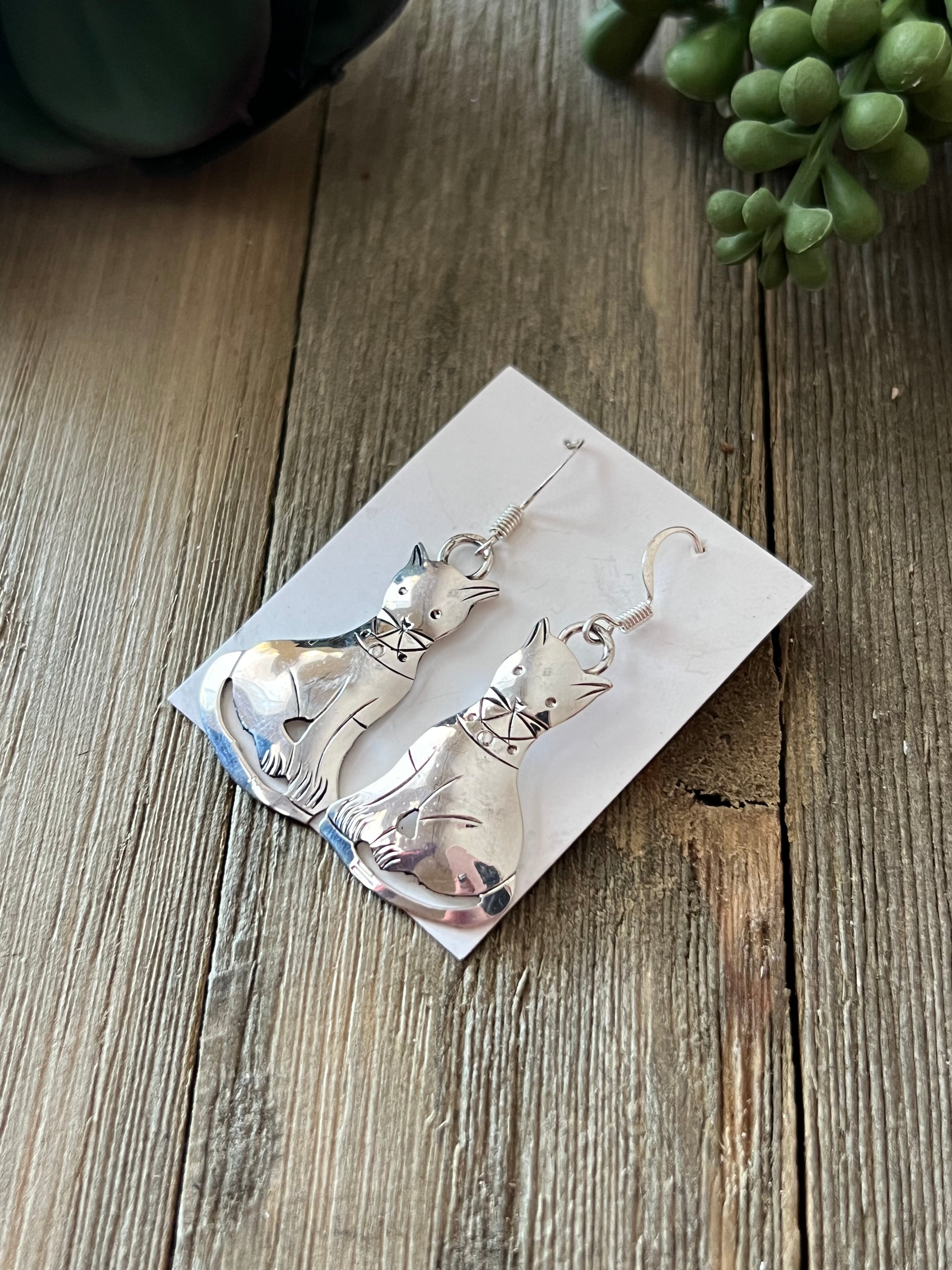 Southwestern Made Sterling Silver Cat Dangle Earrings