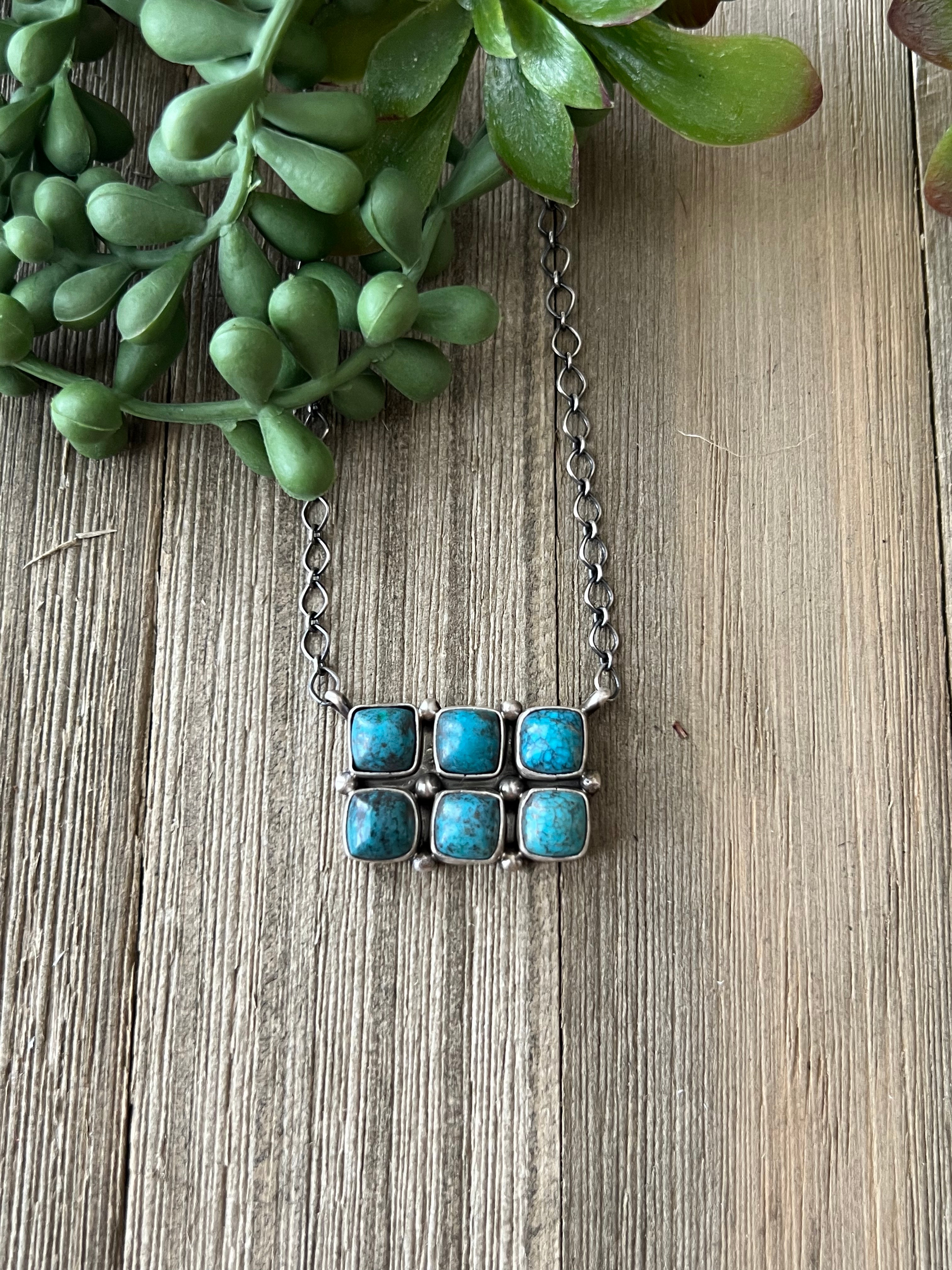 Navajo Made Kingman Turquoise & Sterling Silver Cluster Necklace