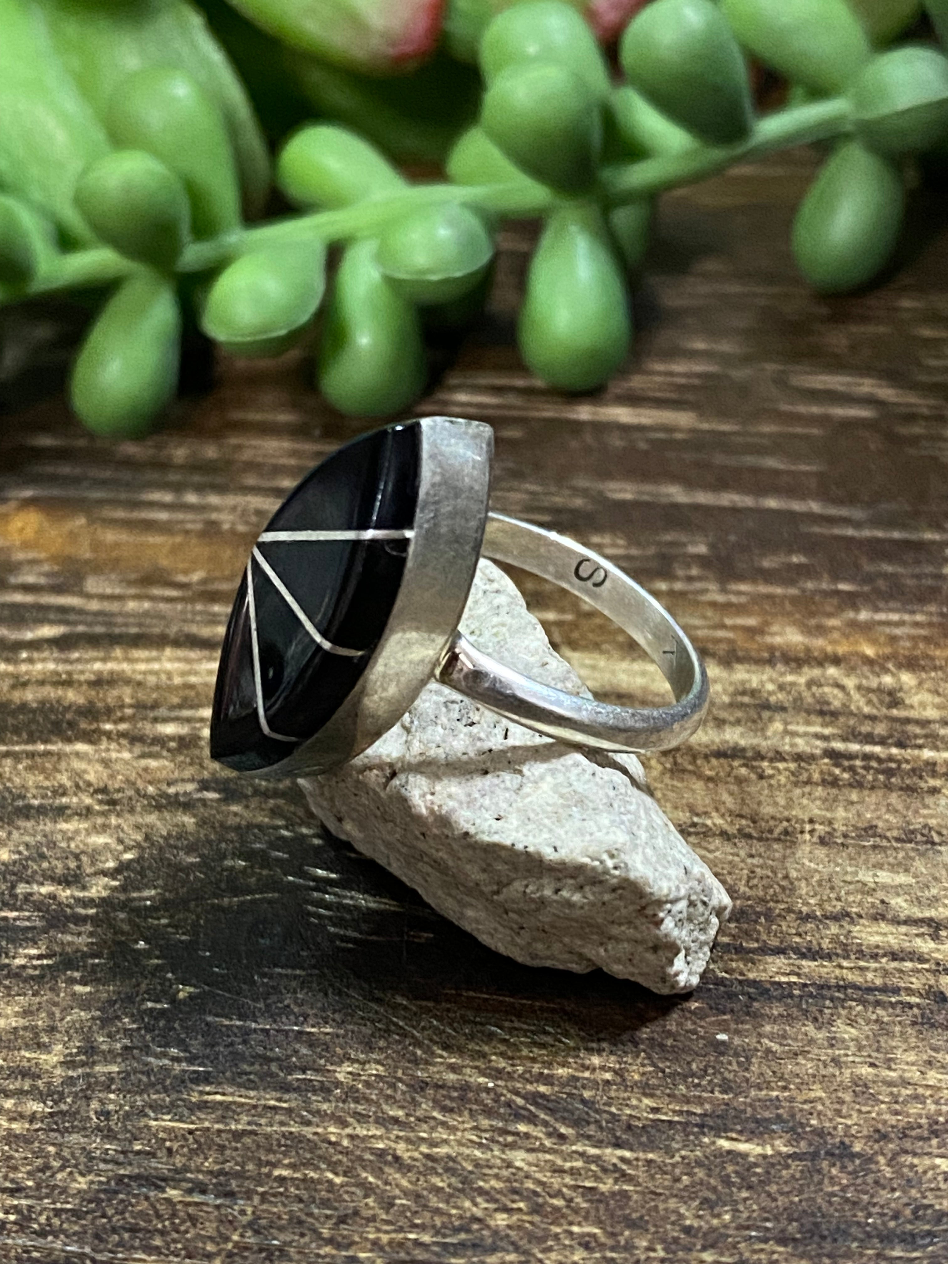 Navajo Made Onyx & Sterling Silver Inlay Ring Size 4.75