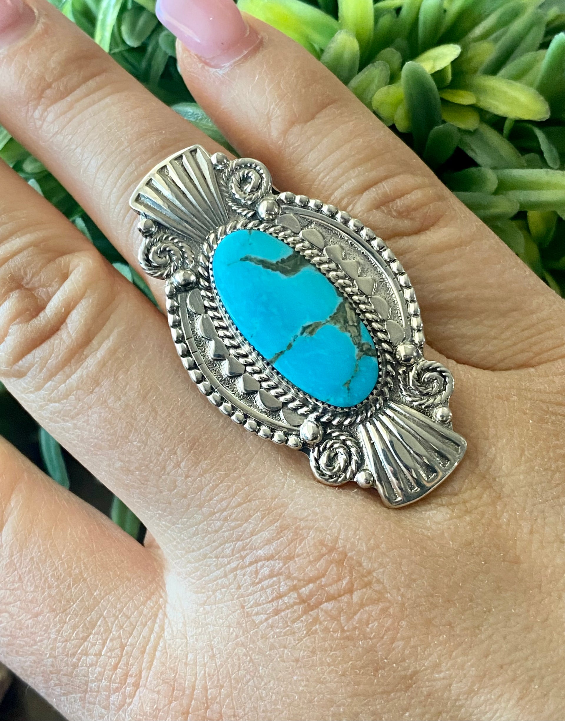 Navajo Made Kingman Turquoise & Sterling Silver Ring Size 8.5