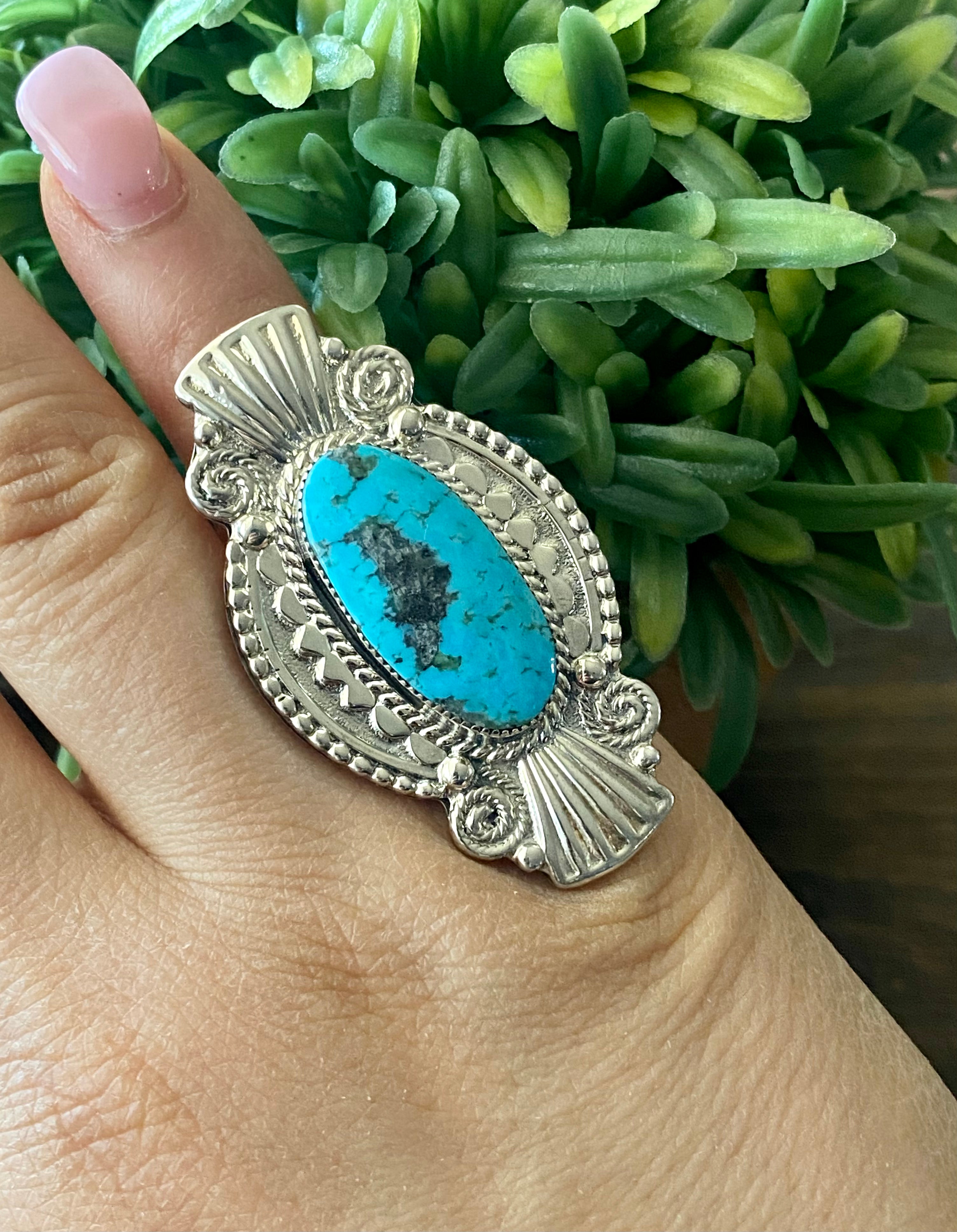 Navajo Made Kingman Turquoise & Sterling Silver Ring Size 6