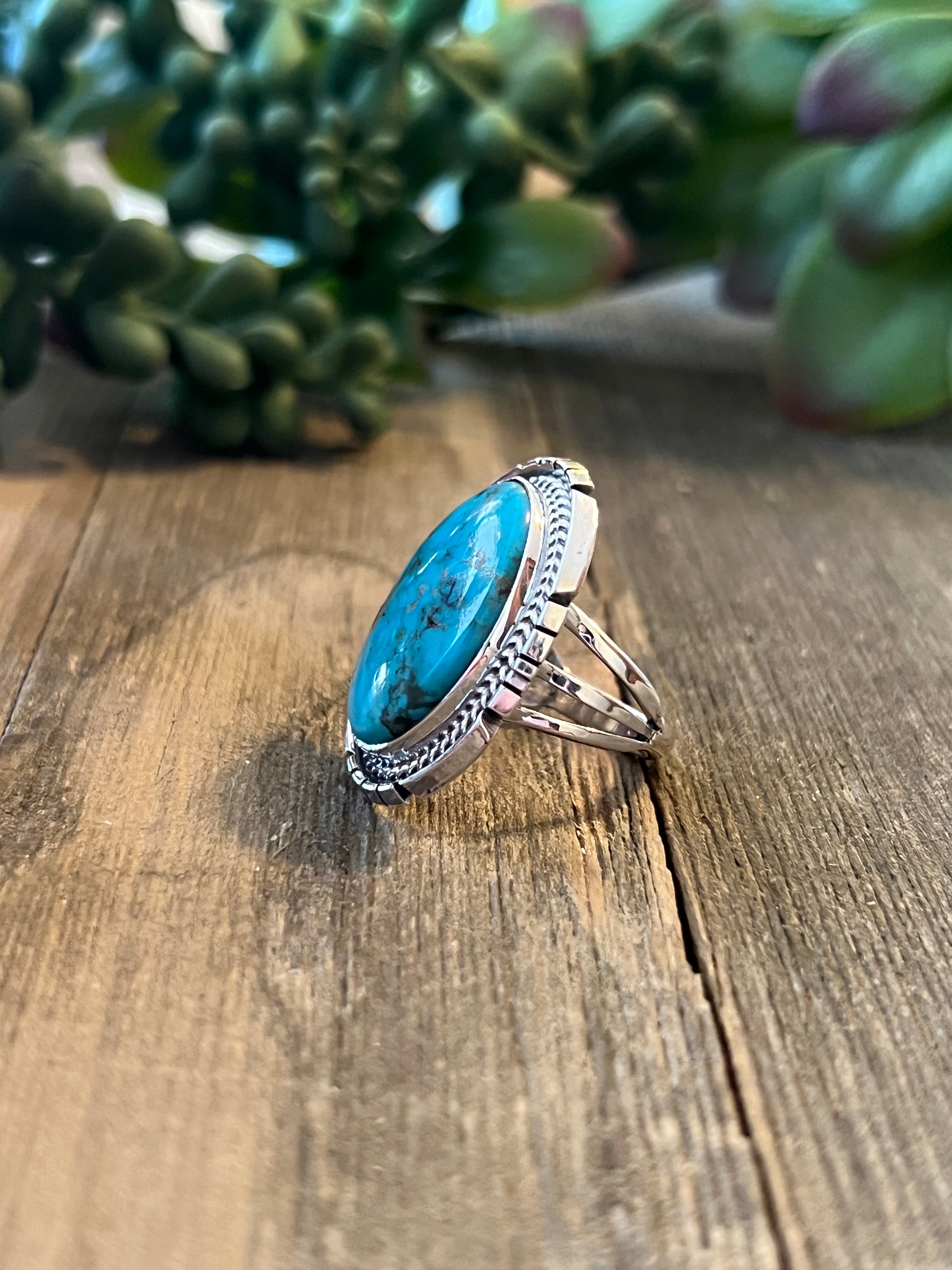 Navajo Made Kingman Turquoise & Sterling Silver Ring Size 5.75