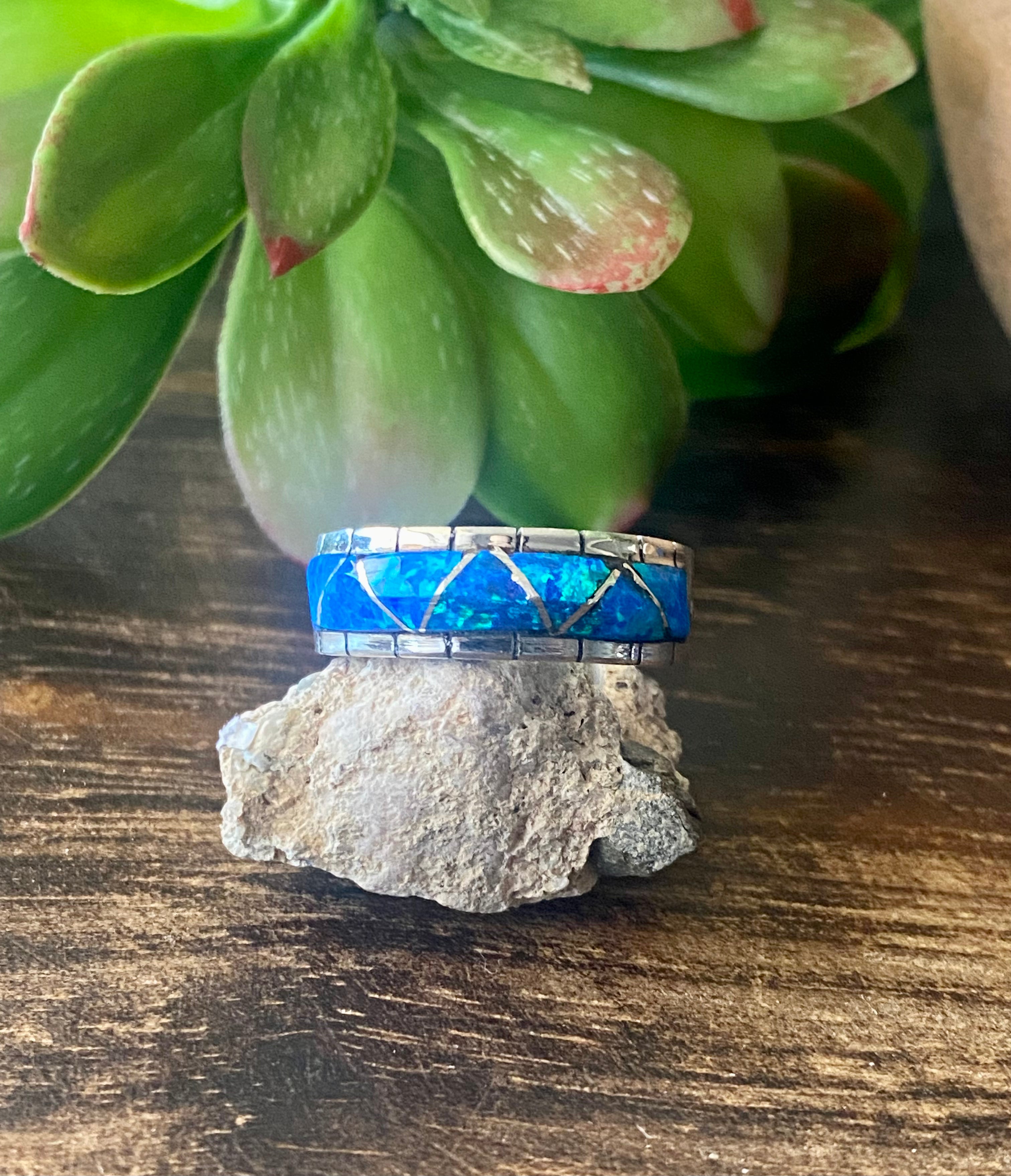 Zuni Made Blue Opal & Sterling Silver Inlay Ring