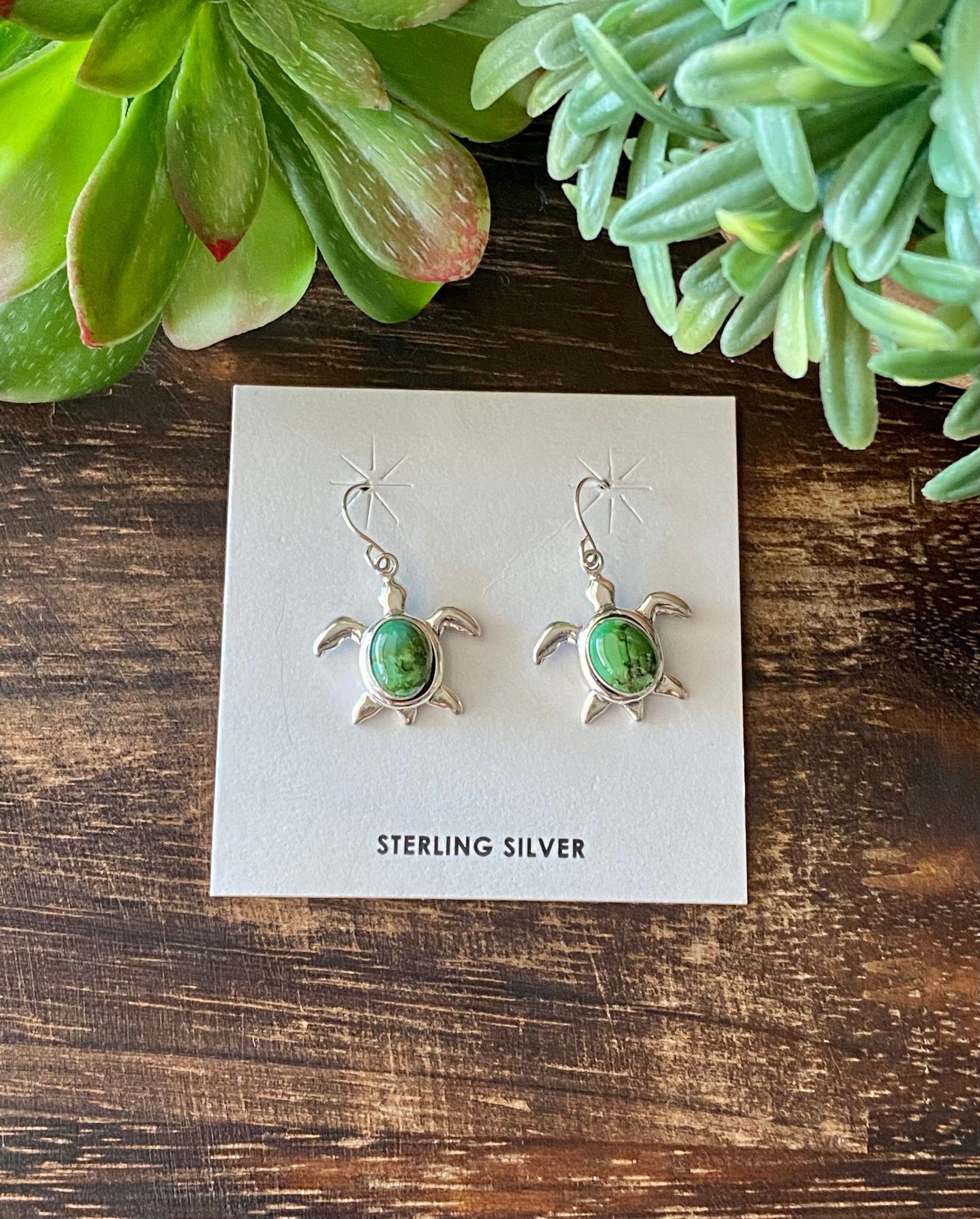 Southwest Handmade Sonoran Gold Turquoise & Sterling Silver Turtle Dangle Earrings