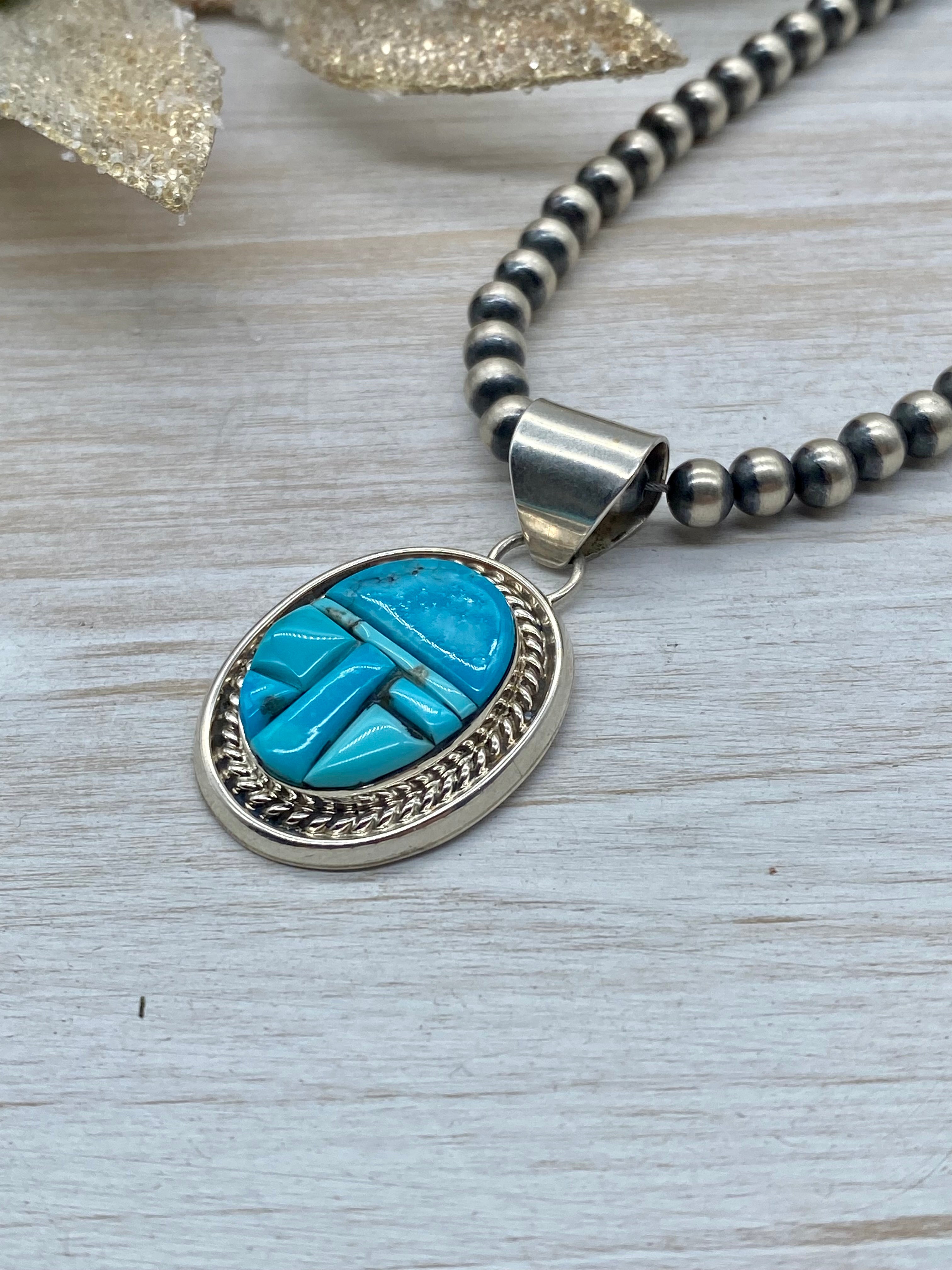 Navajo Made Kingman Turquoise & Sterling Silver Cobblestone Pendant